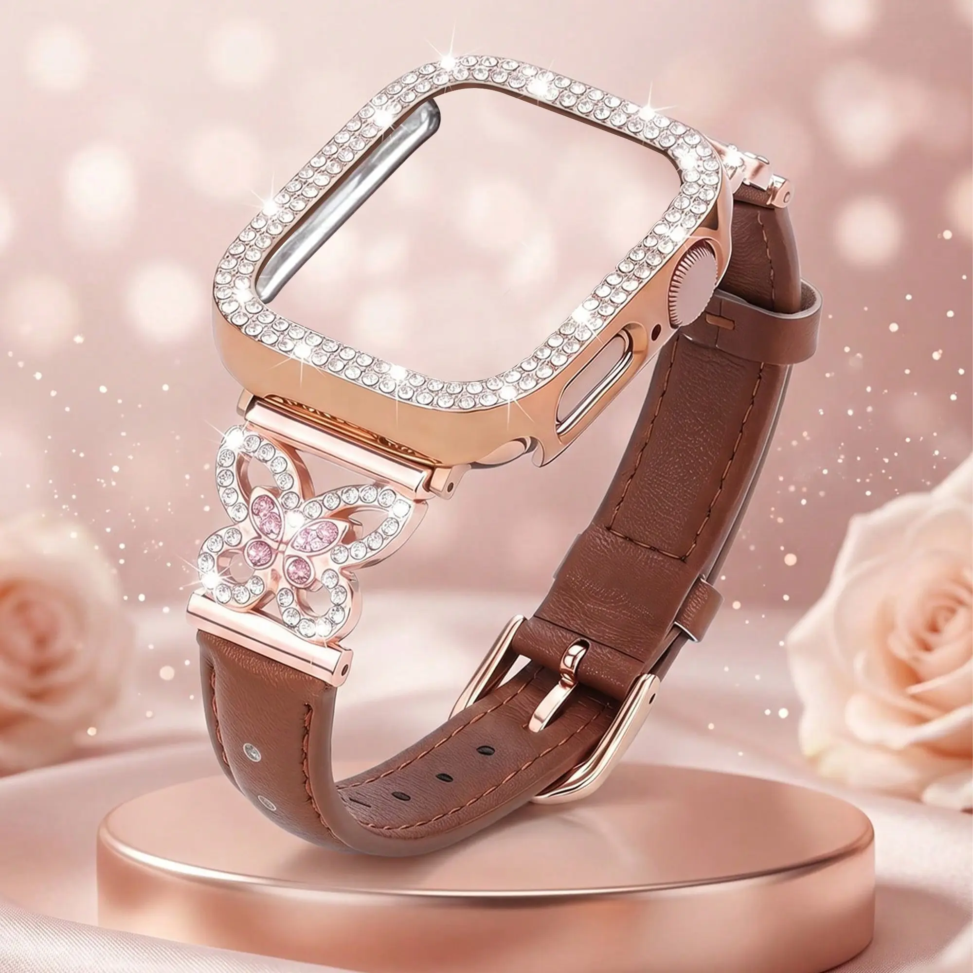 2-in-1 Apple Watch Leather Band & Case Set, Smartwatch Accessories, Compatible Sizes: 40mm–49mm. Features sparkling rhinestone butterfly inlay, paired with dual-row rhinestone PC protective case. Compatible with Apple Watch Ultra, Series 1–4, SE
