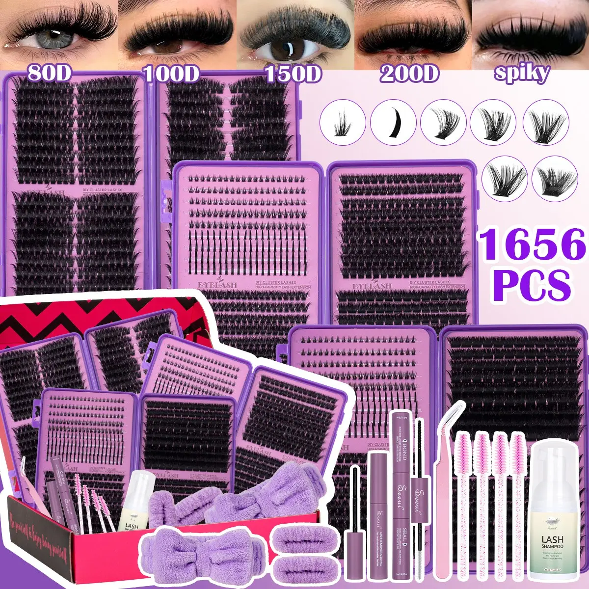 Dense Lash Clusters Set, Cluster False Eyelashes, DIY Thick Lash Clusters, DIY Lash Extension, Dramatic/Fluffy, Soft Lightweight, Includes Bond&Seal, Remover, Lash Shampoo,Tweezers, Headband&Wristbands, Easily DIY Long-Lasting Salon Charm