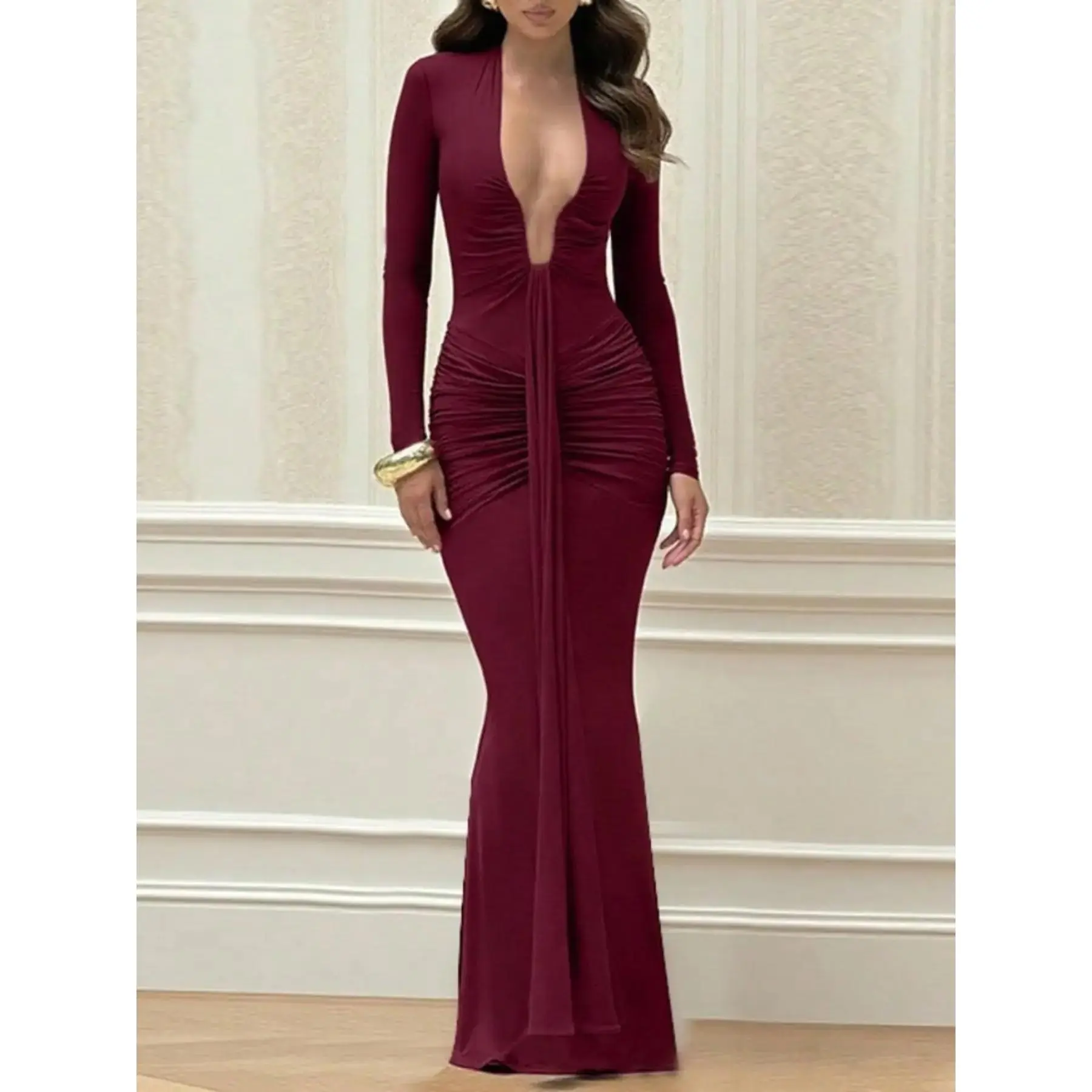 Women Burgundy Long Sleeve Maxi Dress Deep V Neck Ruched Bodycon Slim Fit Stretchy Soft Elegant Evening Gown Floor Length Sexy Party Dress Formal Dresses Wedding Guest Formal Dinner Date Night Holiday Fashion Formal Wear Elegant Formal Style Womenswe