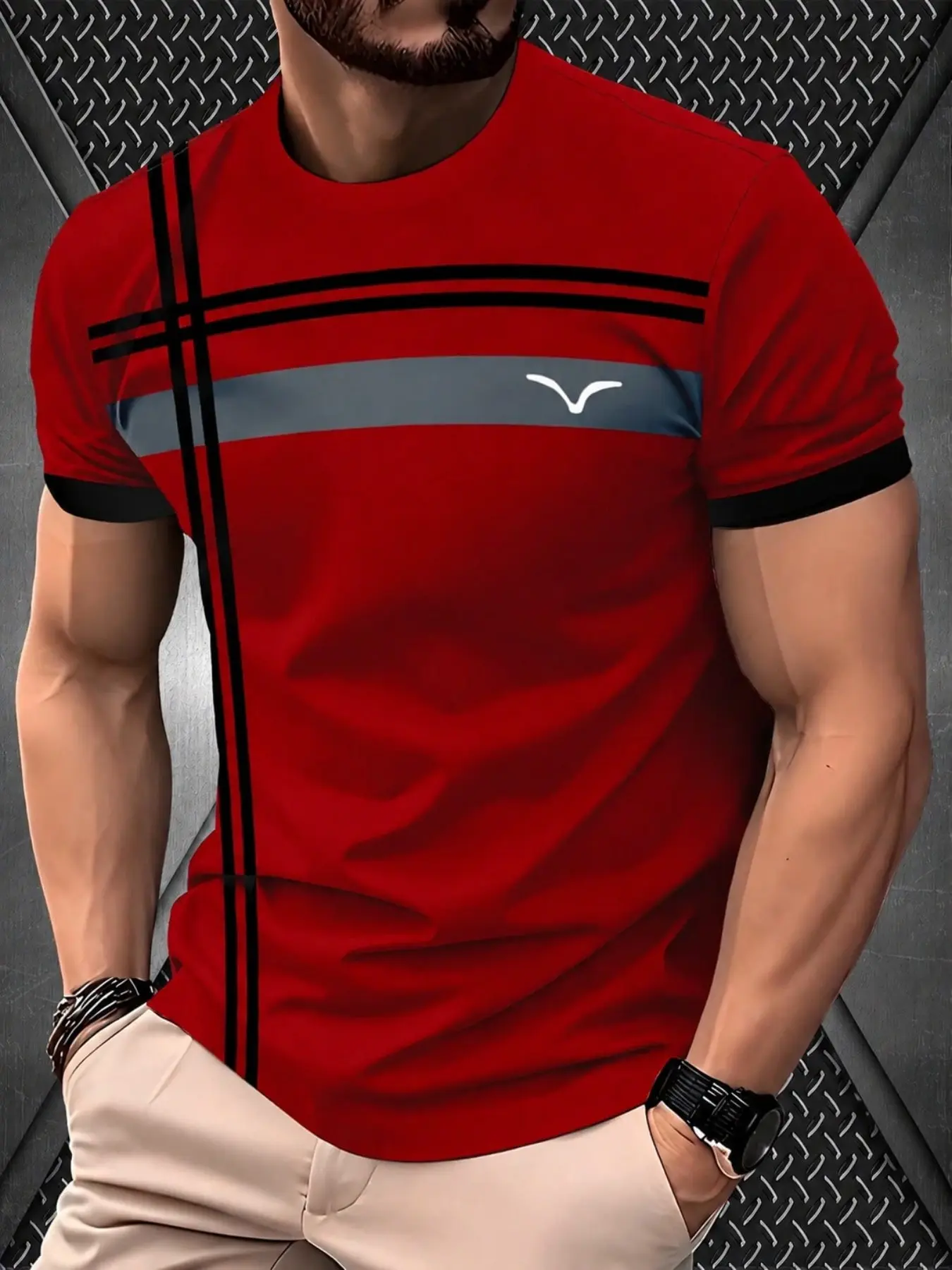 Simple Geometric Vertical Horizontal Stripes T-Shirt, Youth Slim Fit Versatile Commute Half Sleeve Top, Casual Long T-Shirt