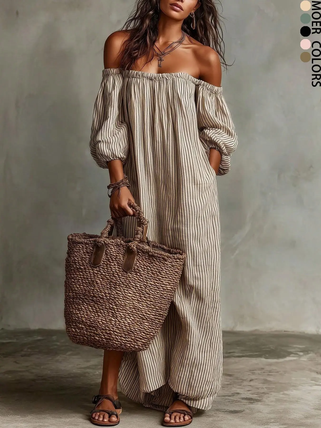 Boho Striped Off-Shoulder Bubble Sleeve Linen Long Skirt, Loose Pockets Summer Vacation Beach Dress, Casual Style