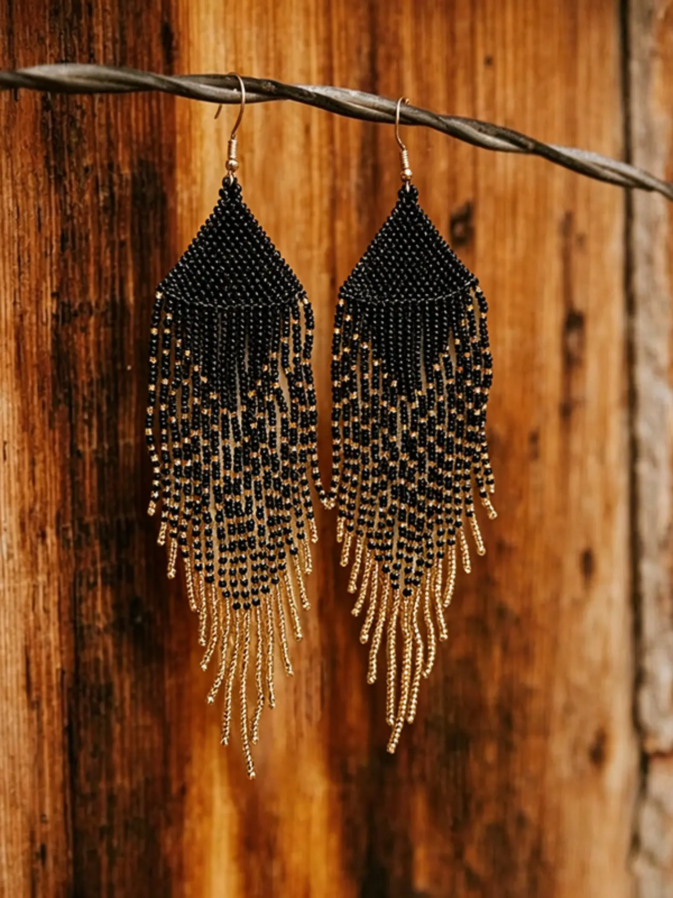 Bohemian Golden Seed Bead Fringe Earrings for Women, Handmade Gradient Tassel Drop Earrings, Western Ethnic Statement Jewelry, Trendy Jewelry, Beaded Earrings