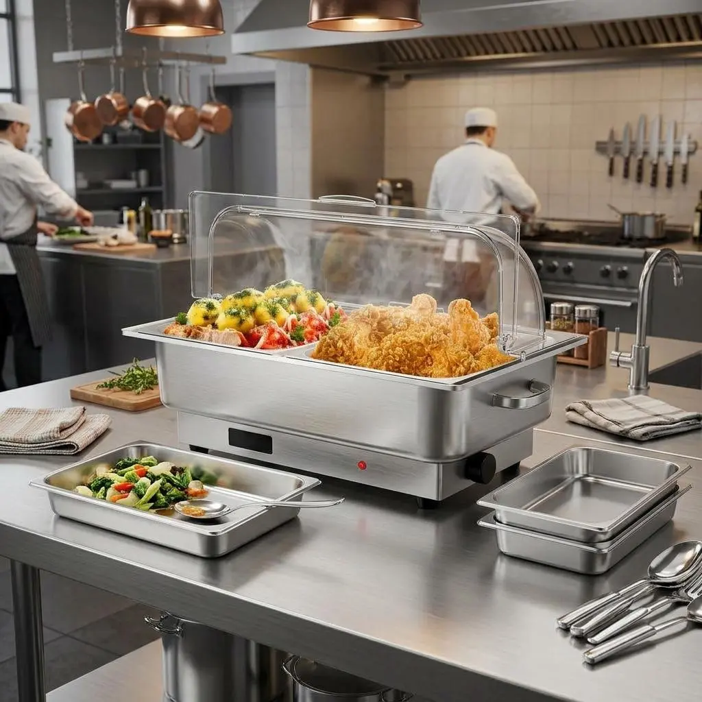 9QT Stainless Steel Electric Chafing Dish Buffet Server, Portable Food Warmer with Roll Top Clear Transparent Lid, Adjustable Temperature 86-200°F, Ideal for Catering Parties Weddings & All Events