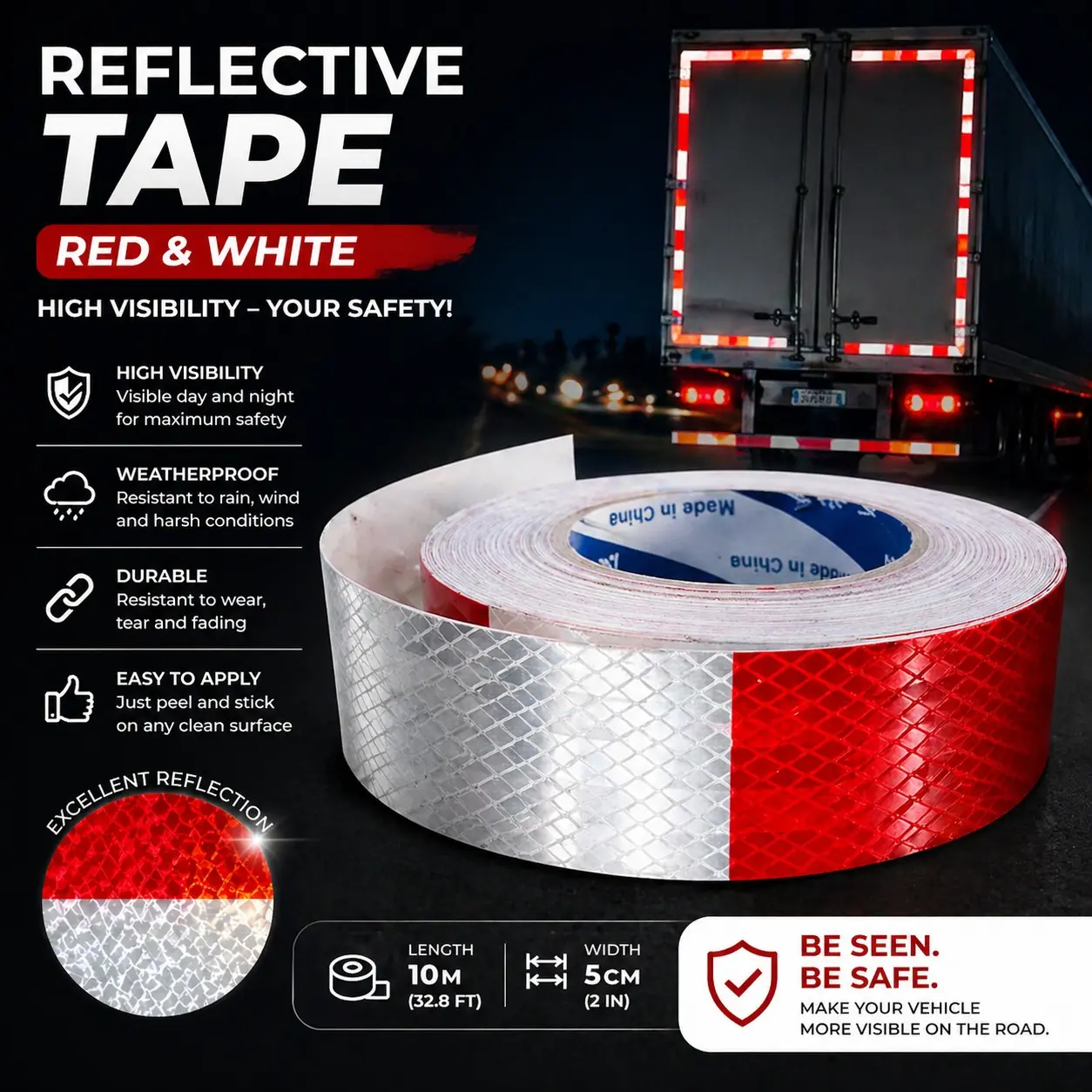 Reflective Tape 2-Inch X 100-Feet, Waterproof Adhesive, Automotive Accessories for Trailers, Trucks, Boats and Signs, Safety Markers