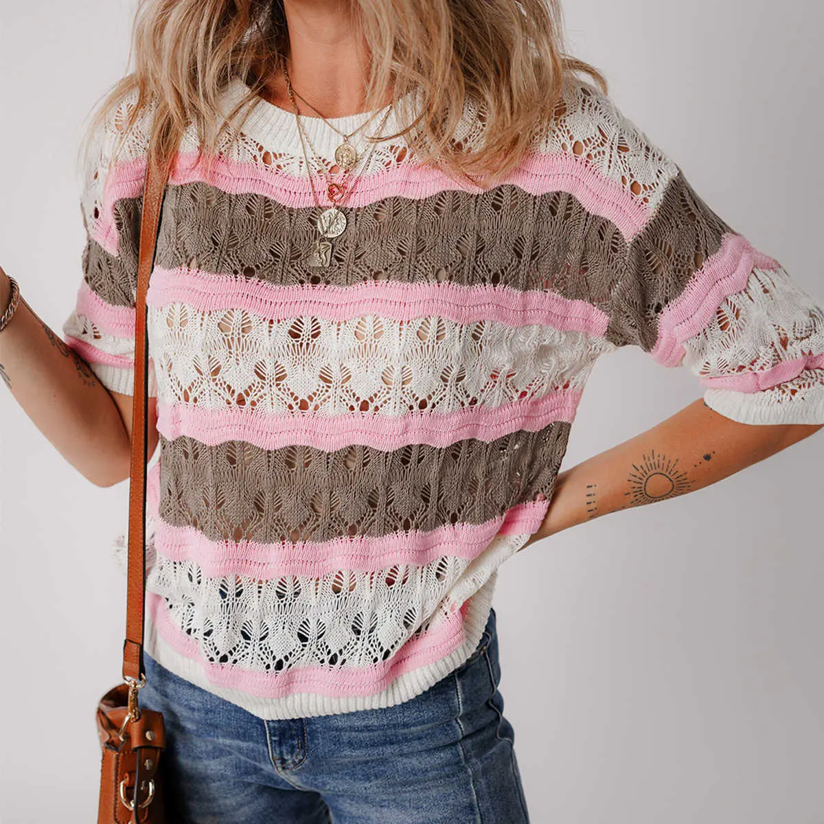 Brown Stripe Color Block Hollow Out Crochet Half Sleeve Sweater