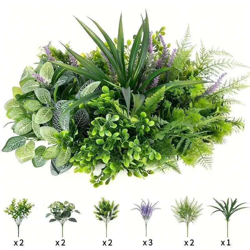 New 12-piece artificial plant outdoor UV-resistant imitation greenery set, including lavender, ferns, eucalyptus, and holly. DIY garden decoration. Artificial imitation plants. Suitable for indoor and outdoor home, garden and courtyard decoration for Hall