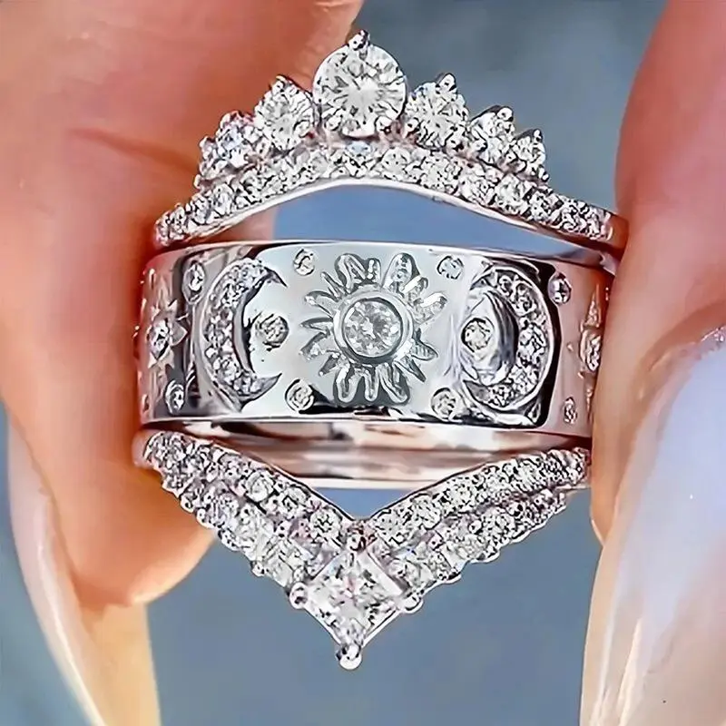Luxury Baroque Court Style 3-in-1 Crown Sun Micro-Pave Cubic Zirconia Stackable Rings, Sun Moon Stars 3-Rings Bag Charm Accessory, Gift for Valentine's Day & Christmas, Star, Accessories For Women, Engagement, Wedding Ring Set