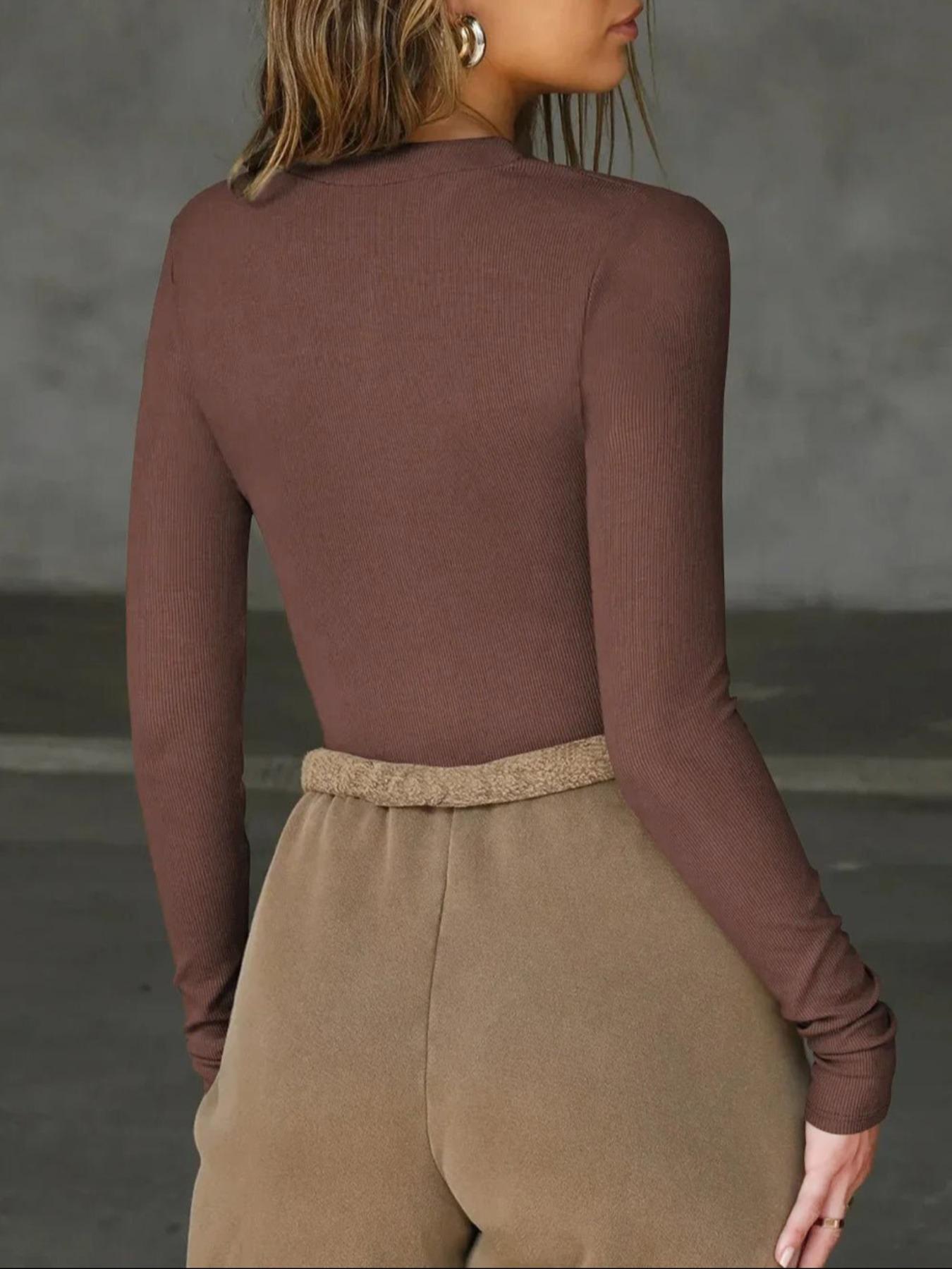 Women's Slim-Fit Casual Zipper Long Sleeve T-Shirt, Thin Knit Fabric Daily Wear Top, Fall Season Comfortable Clothing for Women