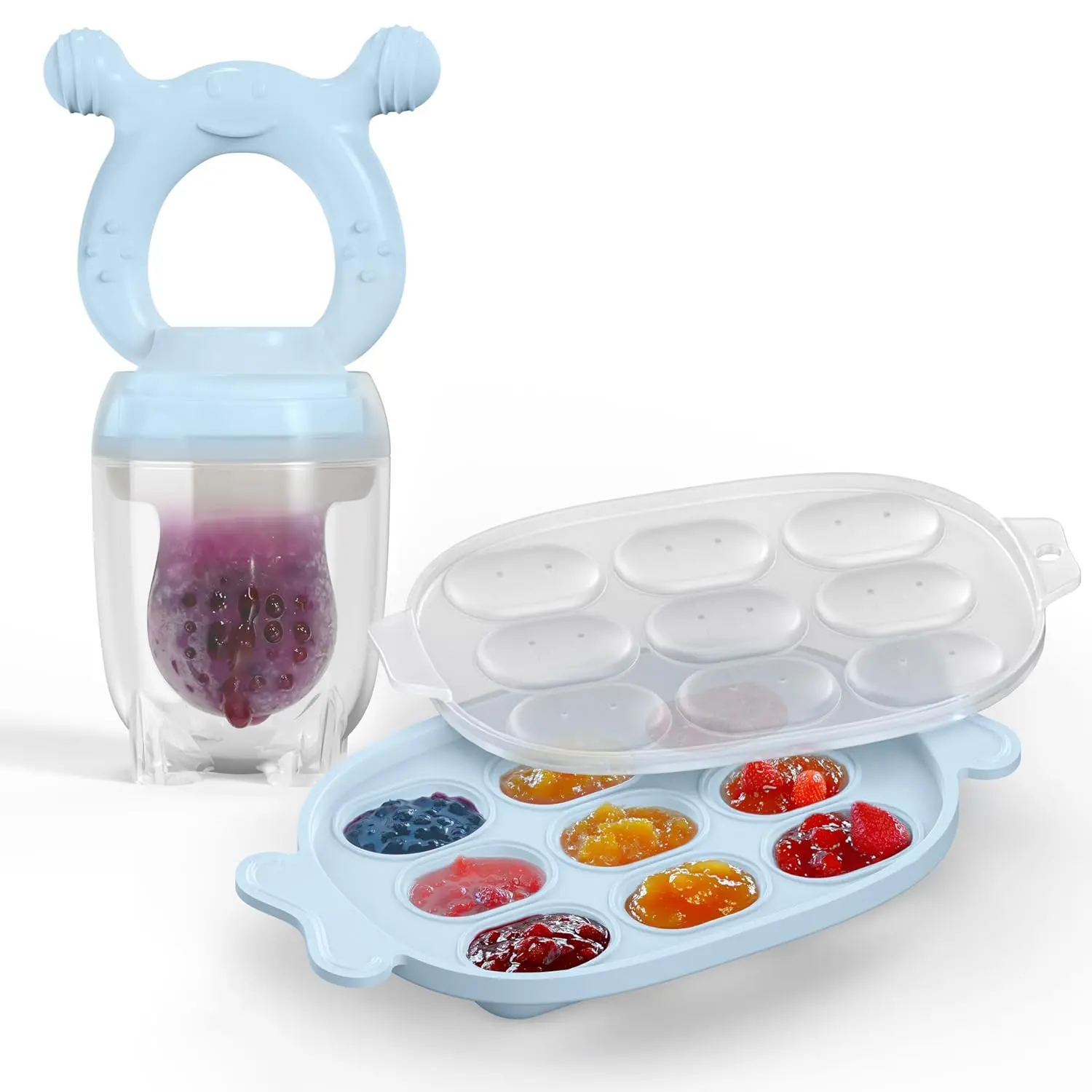 BPA-Free Silicone Baby Fruit Feeder & Mold Set, 1-Piece (Sky Blue) Infant Teether for Daily Feeding & Teething Relief, Bonus Freezer Nibble Tray