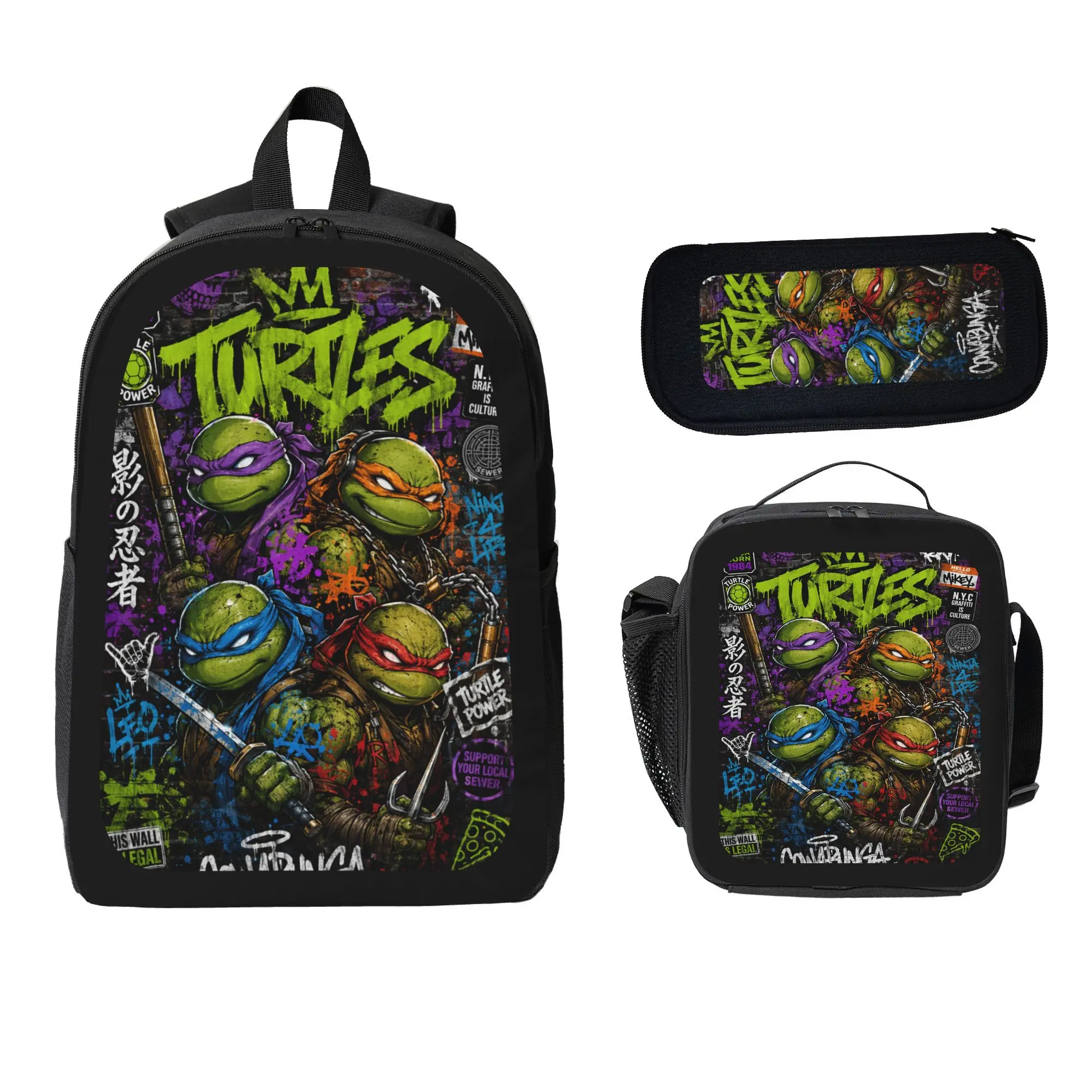 Unisex Teenage Mutant Turtles (TMNT) 3-Piece School Gear Set - Cartoon Print, TMNT Artwork; Set Includes Backpack, Lunch Bag, Pencil Pouch, Ideal Back-to-School Gift for Animation Fans