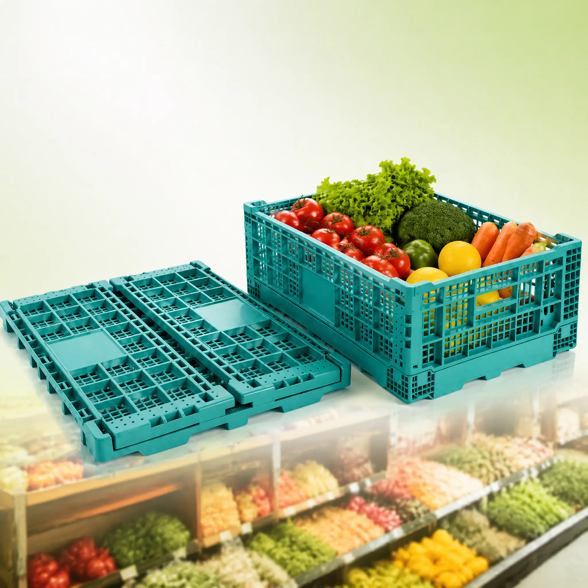 Ventilated Collapsible Crate with Stackable Design – Foldable Plastic Storage Box for Fruits & Vegetables, Space-Saving Solution for Supermarket, Warehouse, Garage, and Home Use