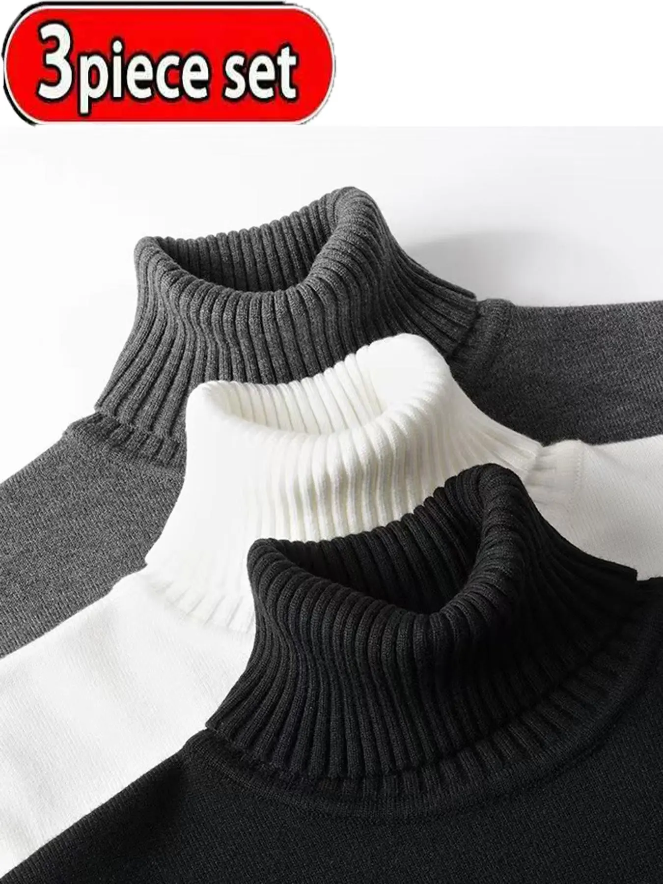 Men's 3-Piece High Neck Sweater Set, Solid Color Knit Pullover, Fall Winter Warm Casual Fitted Top, Comfortable Daily Wear