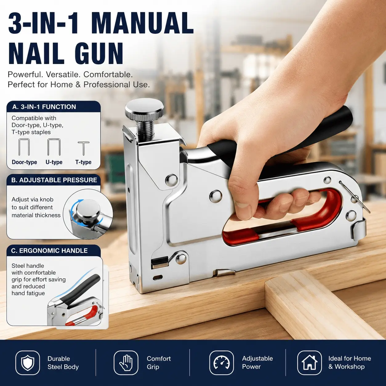 Manual Pneumatic 3-in-1 Nail Gun Stapler, Cordless Alloy Firing Pin, Anti-Jam for Hardwood Wall Panels 10-15mm, Heavy-Duty Penetration for Woodworking, Upholstery, Furniture, Fabric, Drywall, Ceiling, Multi-Position Switch for Nails, Staples, Brads