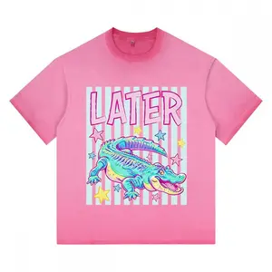 Washed T-shirt with Colorful Crocodile and Star Prints – Casual Streetwear Top