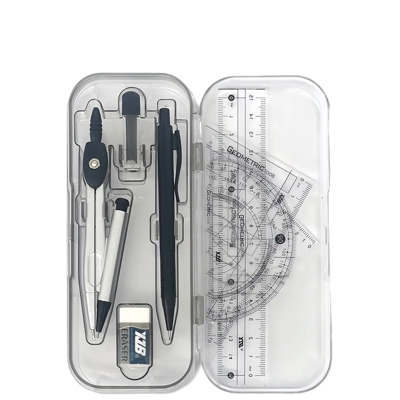 8-Piece Geometry Set with Protractor, Triangle, Eraser, Transparent Plastic Drawing Tools, Ideal for School Exams and Art Projects, Elementary School