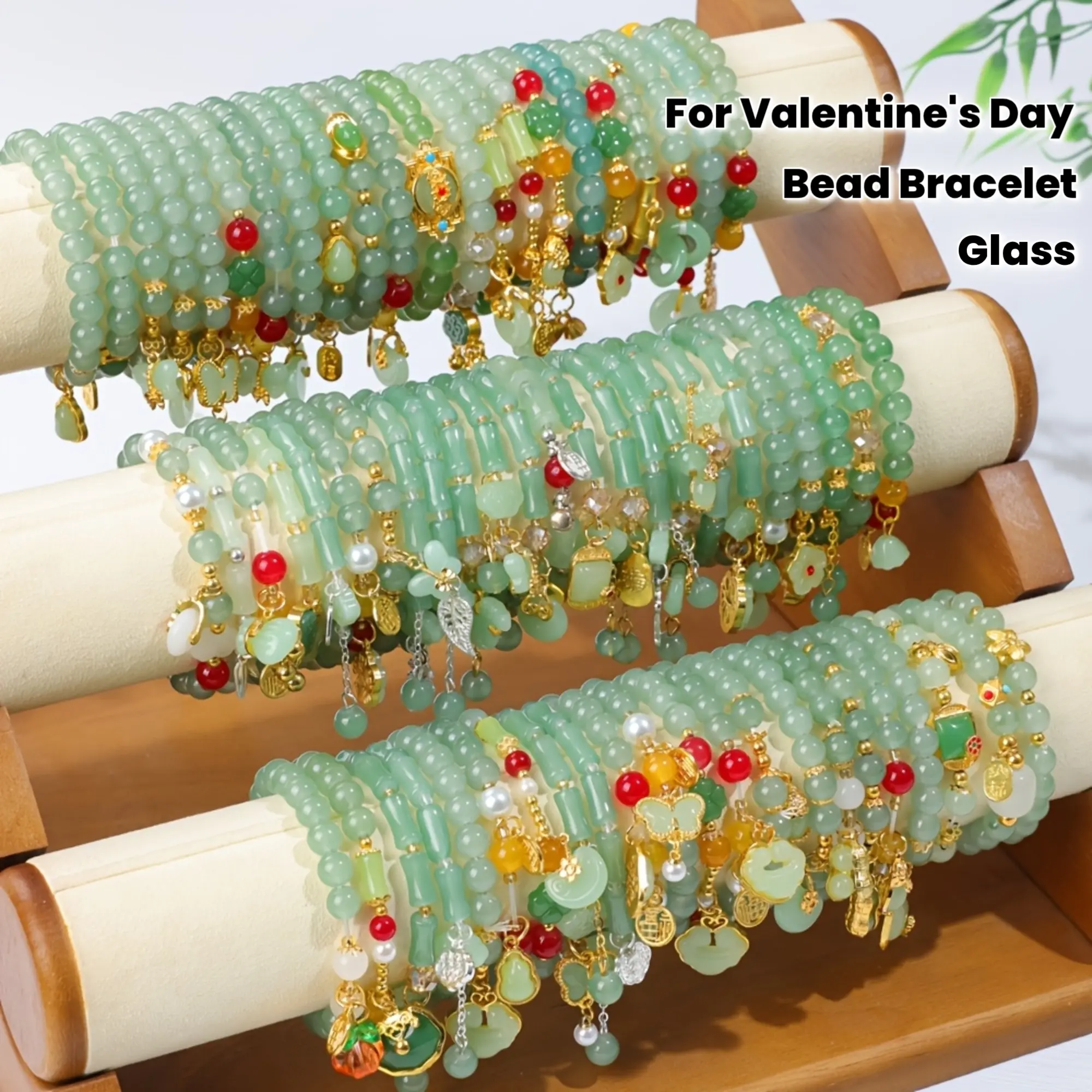 Boho Casual 12Pcs Crackle Glass Bead Bracelets Mixed Set, Green Sparkling Beads with Floral Lucky Alloy Pendants, Unique Niche Stackable Design for Valentine’s Day, Birthday, Bracelet Stack, Boho Mix, Everyday, Unisex