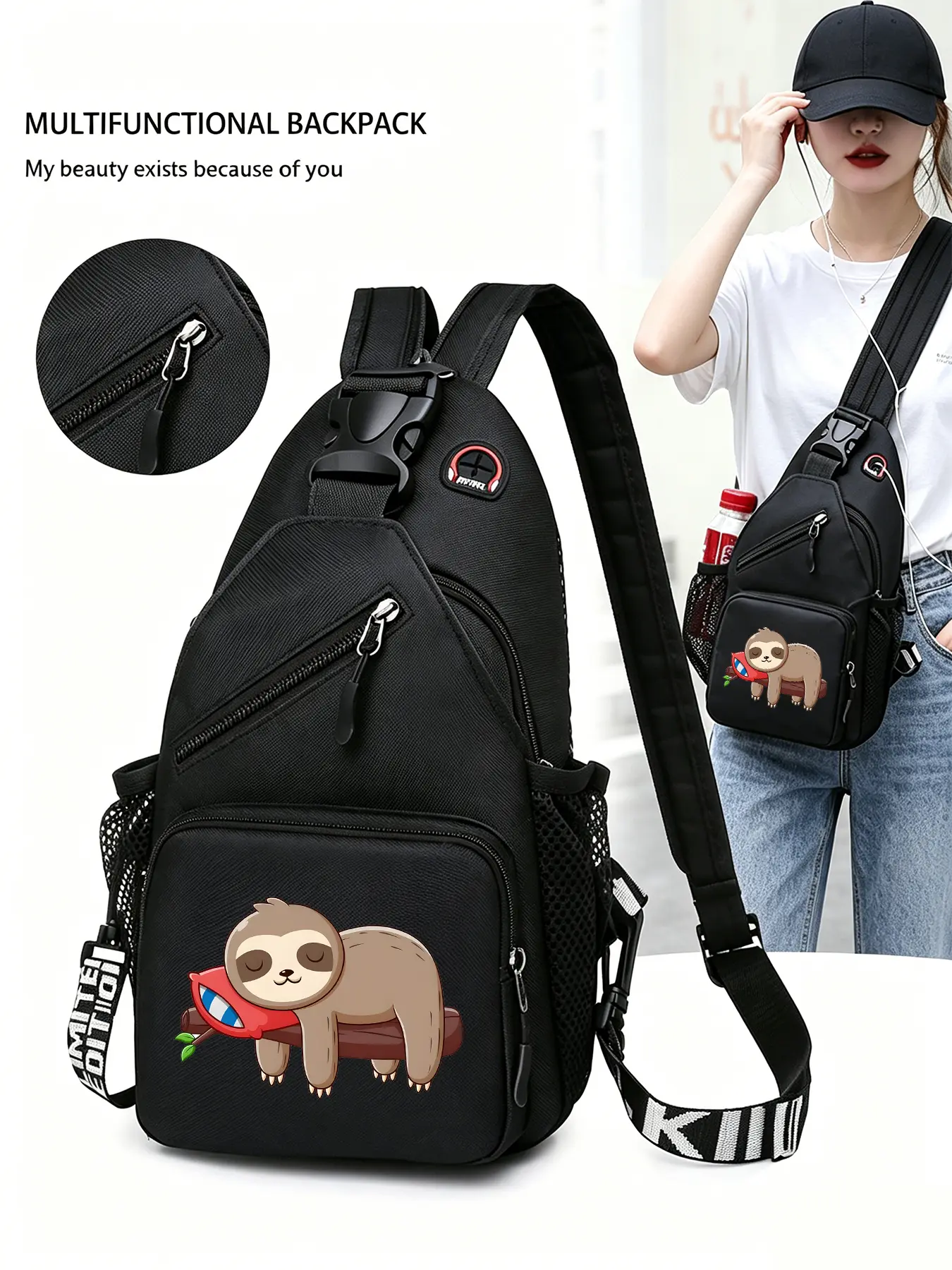 Sloth Patterned Convertible Crossbody Bag/backpack, Multi-functional Chest Bag with Convertible Zippered Shoulder Strap, Multiple Pockets, Suitable for Travel, Sports, and Daily Commuting