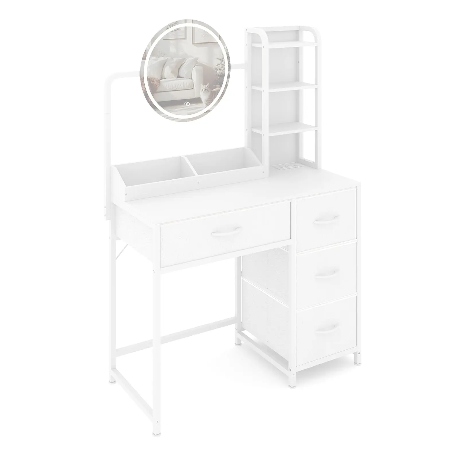 Garvee Small Vanity Desk with Lighted Round Mirror & Power Outlet, Makeup Vanity Table with 4 Fabric Drawers & 3 Shelves, Modern Dressing Table for Bedroom