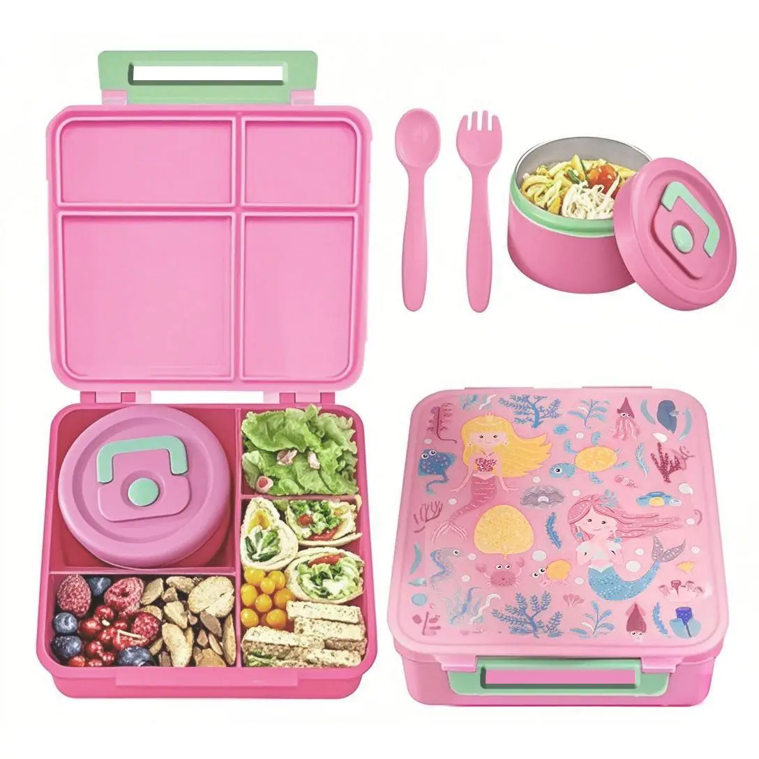 Kids Leakproof 4-Compartment Bento Lunch Box Set - 8.5oz Soup Thermos, Pink Insulated Lunch Bag, Adjustable Strap, Portable Organized Snacks and Meals Container for Back to School, Travel