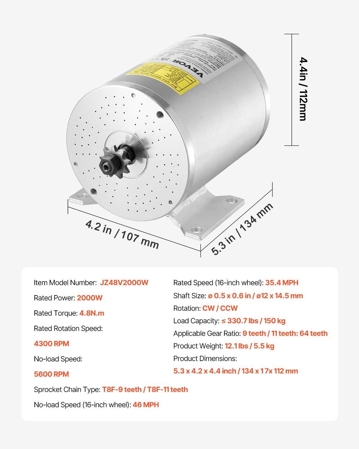 VEVOR 2000W Electric Brushless DC Motor Kit - 48V 4300rpm Motor with Upgraded Speed Controller for Go Karts E-Bike Motorcycle Scooter VEVOR 2000W Electric Brushless DC Motor Kit - 48V 4300rpm Motor with Upgraded Speed Controller for Go Karts E-Bike Motorcycle Scooter