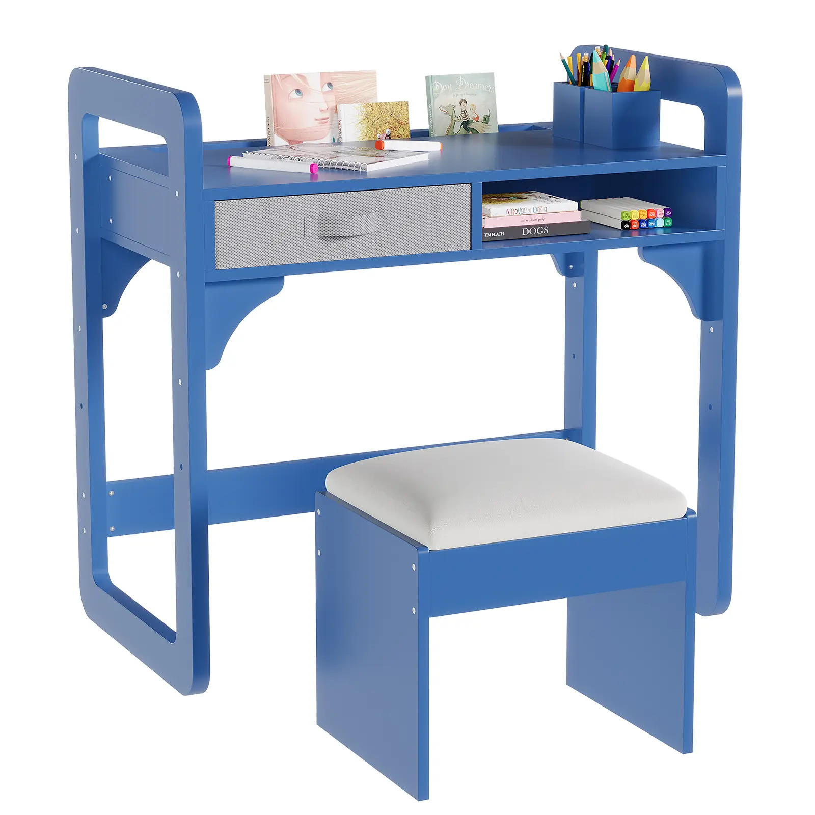 GARVEE Functional Kids Desk and Chair Set - Wooden Study Table with Cloth Drawers, Pen Holder, and Sturdy Chair - Ideal for Boys and Girls' Bedroom or Playroom