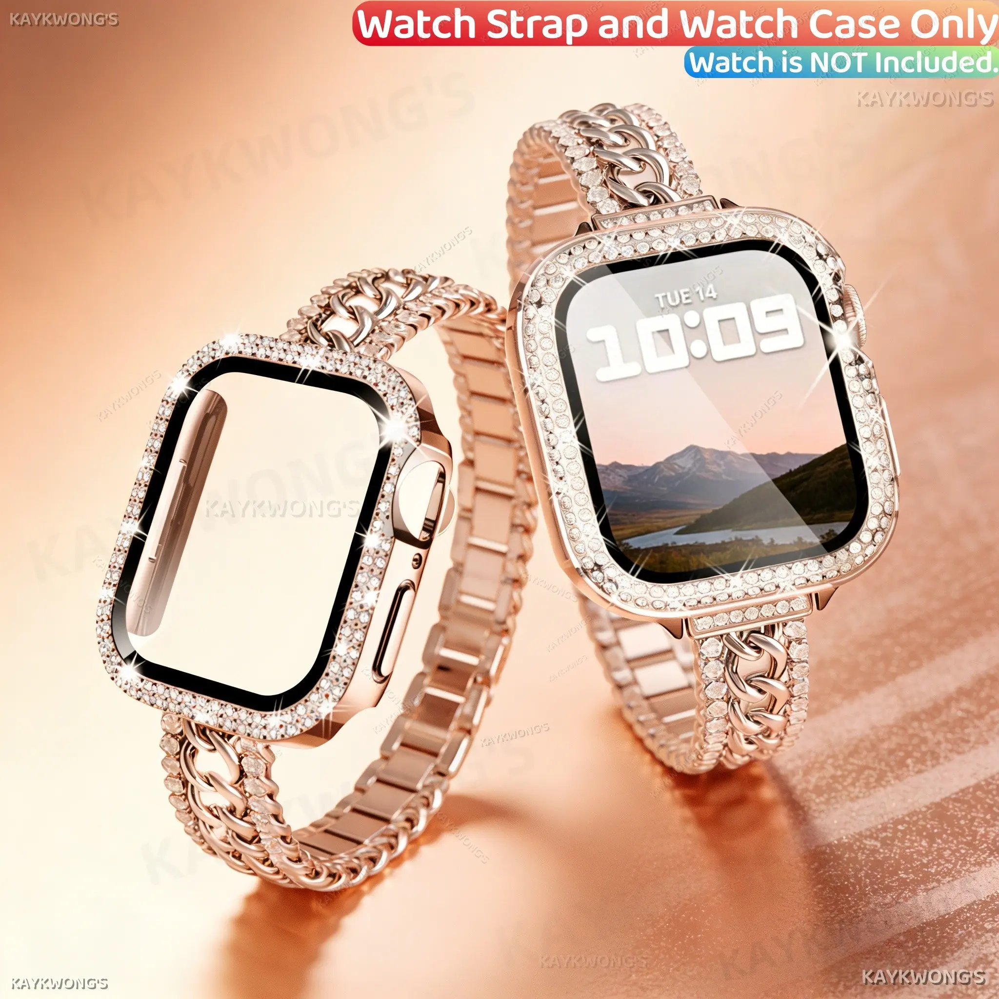 KAYKWONG'S 2 in 1 Set, Smartwatch Accessories, Include 1 Rhinestone Buckle Chain Strap (14mm Slim Width) and 1 Rhinestone Watch Case, Detachable, for iWatch Series 1-11/SE, Compatible 49mm 45mm 44mm 42mm 41mm 40mm, Gift for Holidays