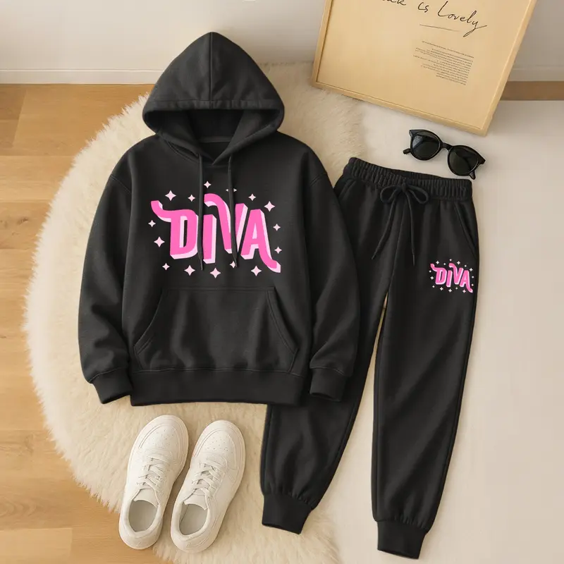 Women's Diva Star Print Hoodie And Drawstring Track Pants Set, Casual Sportswear, Long-Sleeved Hooded Jacket And Pants, Suitable For Autumn And Winter, Everyday Wear, Indoor And Outdoor Sportswear, Sportswear Set, Casual Sportswear