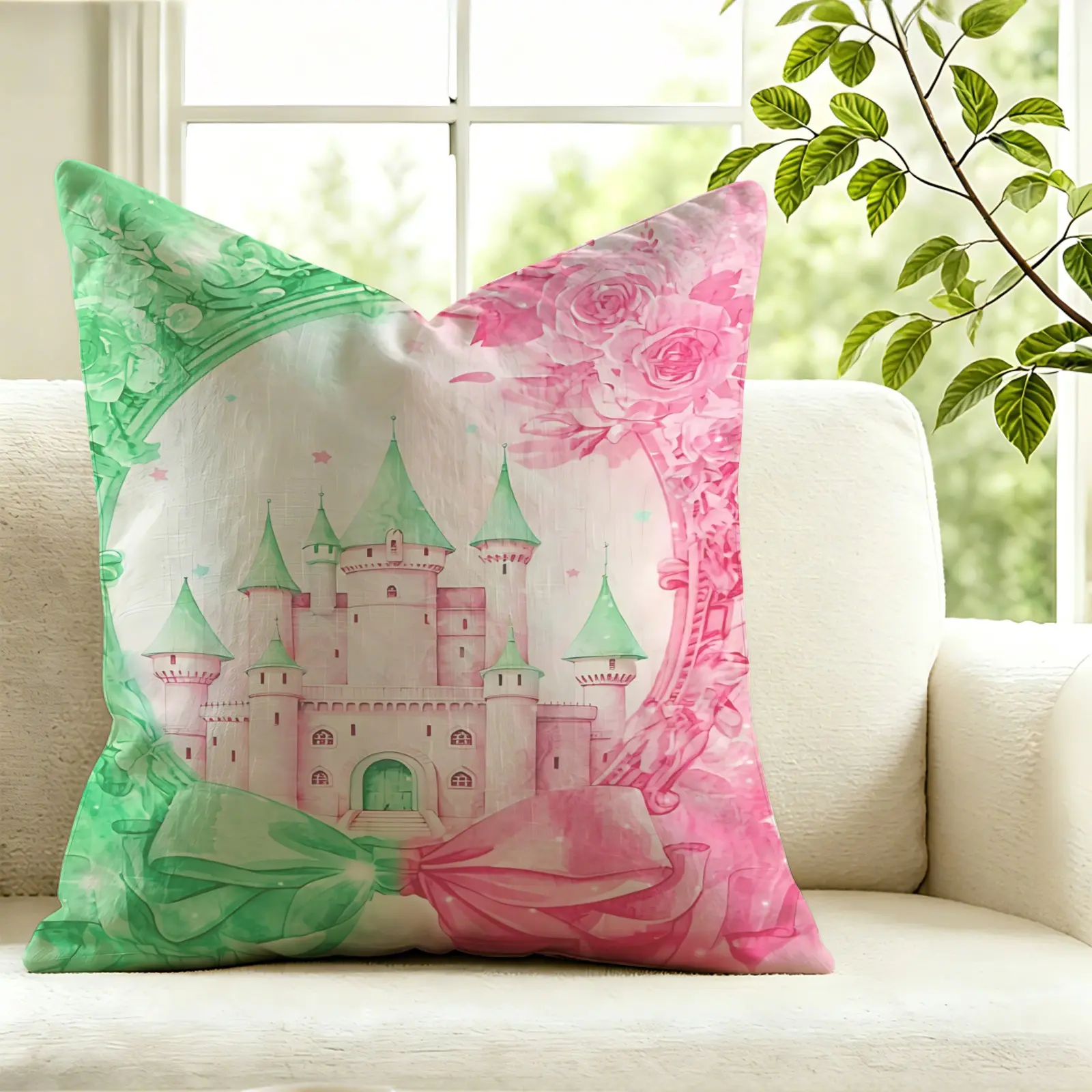 1Pc Dreamy Castle Print Throw Pillow, Decorative Cushion Accent Pillow, Includes Pillow Core, Build Warm Fairy Tale Atmosphere, Soft Fabric For Sofa, Bed, Car And Girls Room Interior Styling
