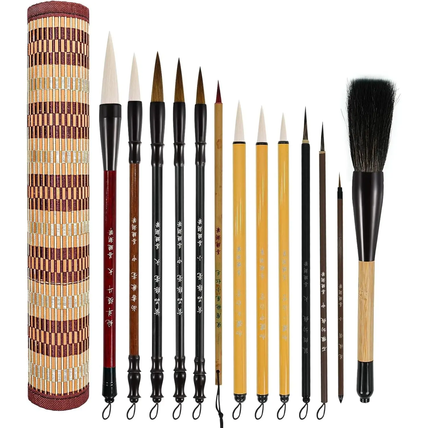 13PCS Chinese Calligraphy Brush Set, Writing Brush with Bamboo Storage Scoll, Japanese or Chinese Kanji Sumi-E Drawing Watercolor Brush