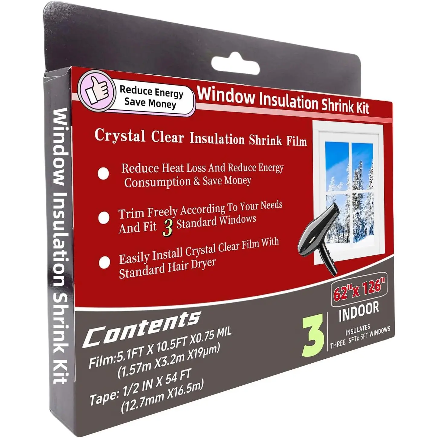 3-Window Shrink Film Window Insulation kit(62-Inch x 126-Inch),Insulating Film Window Kit Keeps Cold Air Out and Warm Air in (3 Windows)