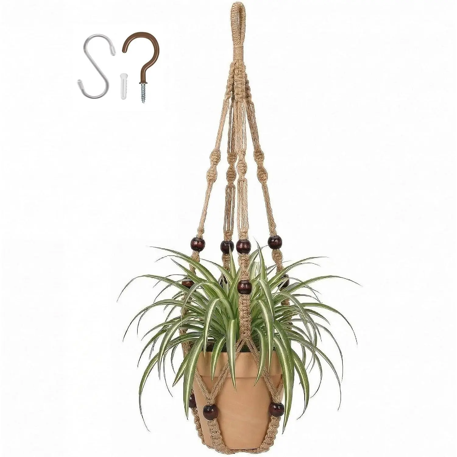 Macrame  Hanger Indoor, 23" No Tassel   Holder, Sturdy Flower Pot Holder with Hooks - Brown (Pot NOT Included)