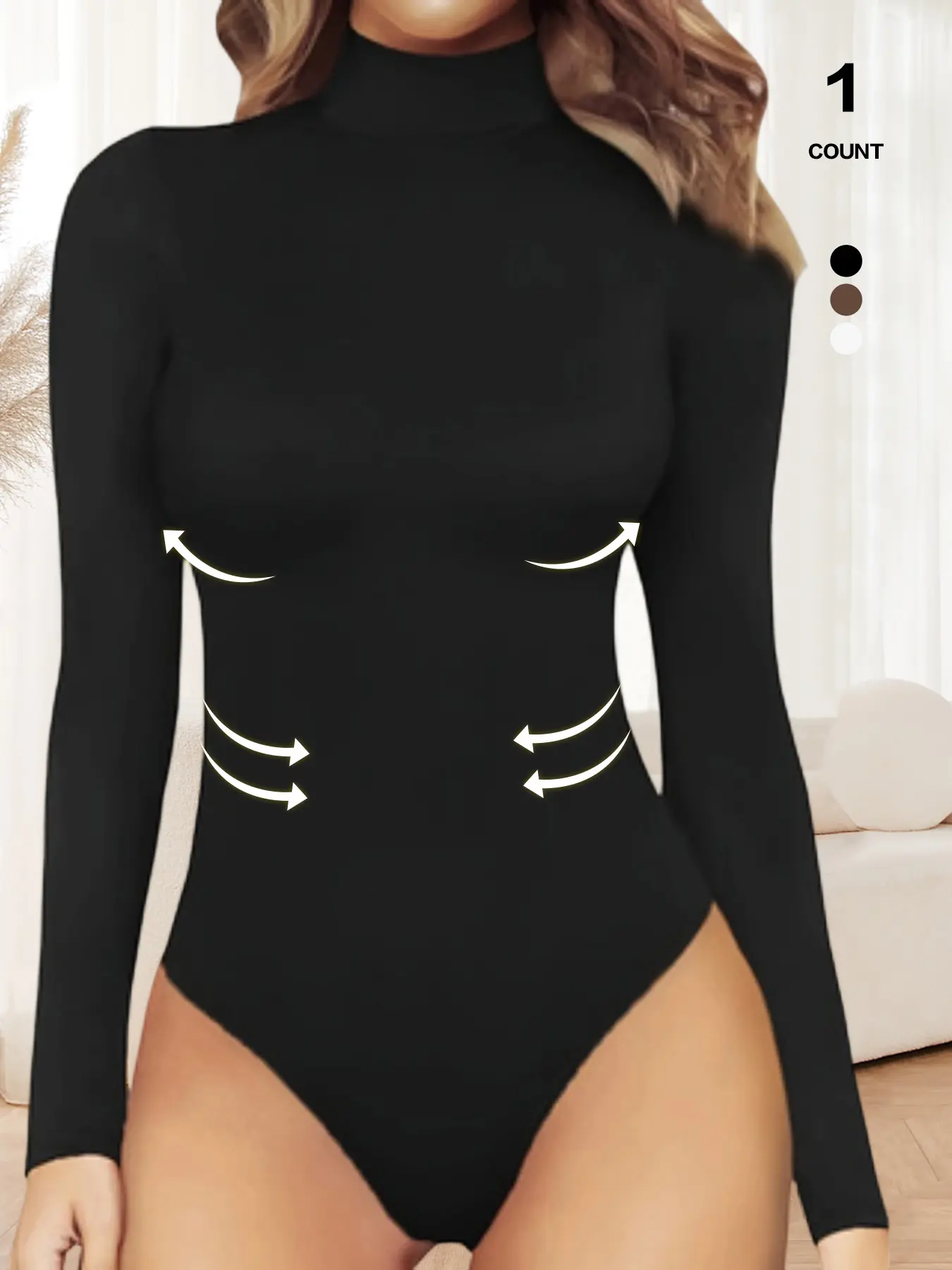 Women's Tummy Control Mock Neck Body Shaping Bodysuit, Long Sleeve Stretchy Slim Fit Jumpsuit, Elegant Body Shaper Top, Casual Lounge Leotard