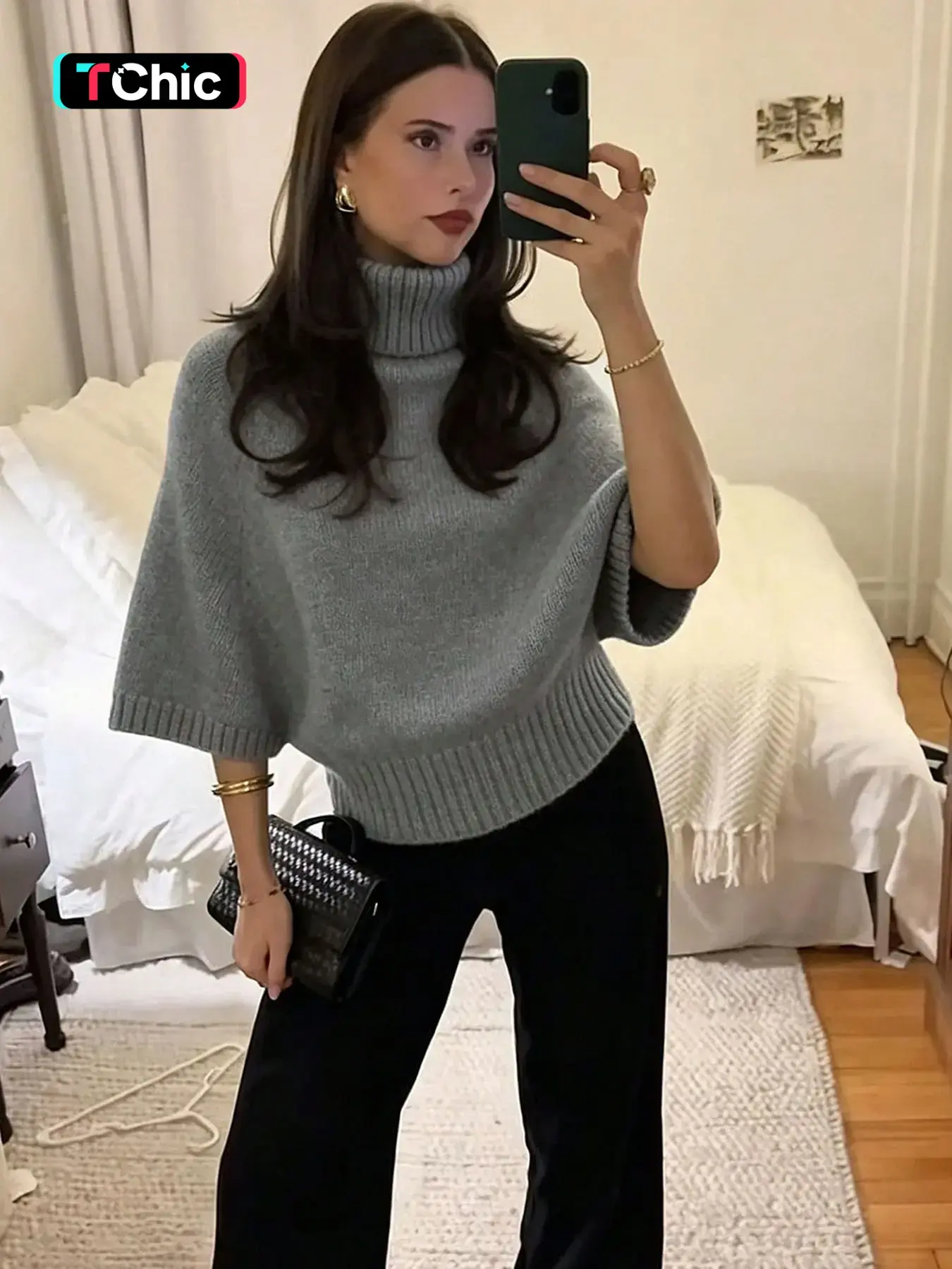 Women's High Neck Plain Batwing Sleeve Knit Sweater, Casual Loose-Fitting Fall & Winter Top, Elegant Commute Wear, Versatile Pullover