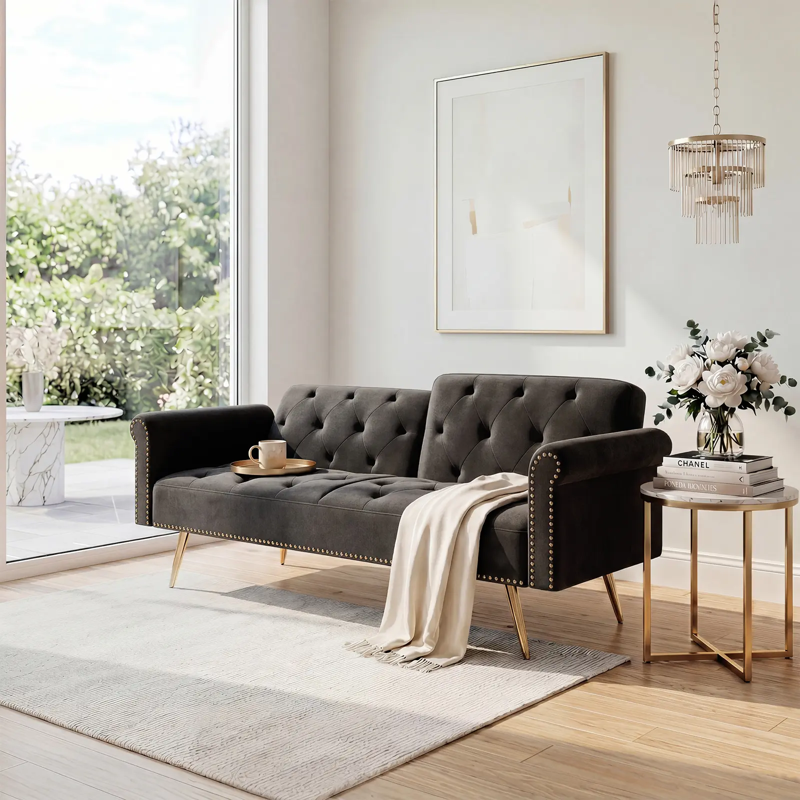ARCH 69.7" Ultra-Soft Black Velvet Convertible Sofa Bed with Nailhead Trim and Cozy Throw Pillow for Living Room, Sleeper Sofa Couch with Ergonomic Support, Easy Assembly, Single Box Product, Black Color Options, Velvet Material, Product Dimensions: