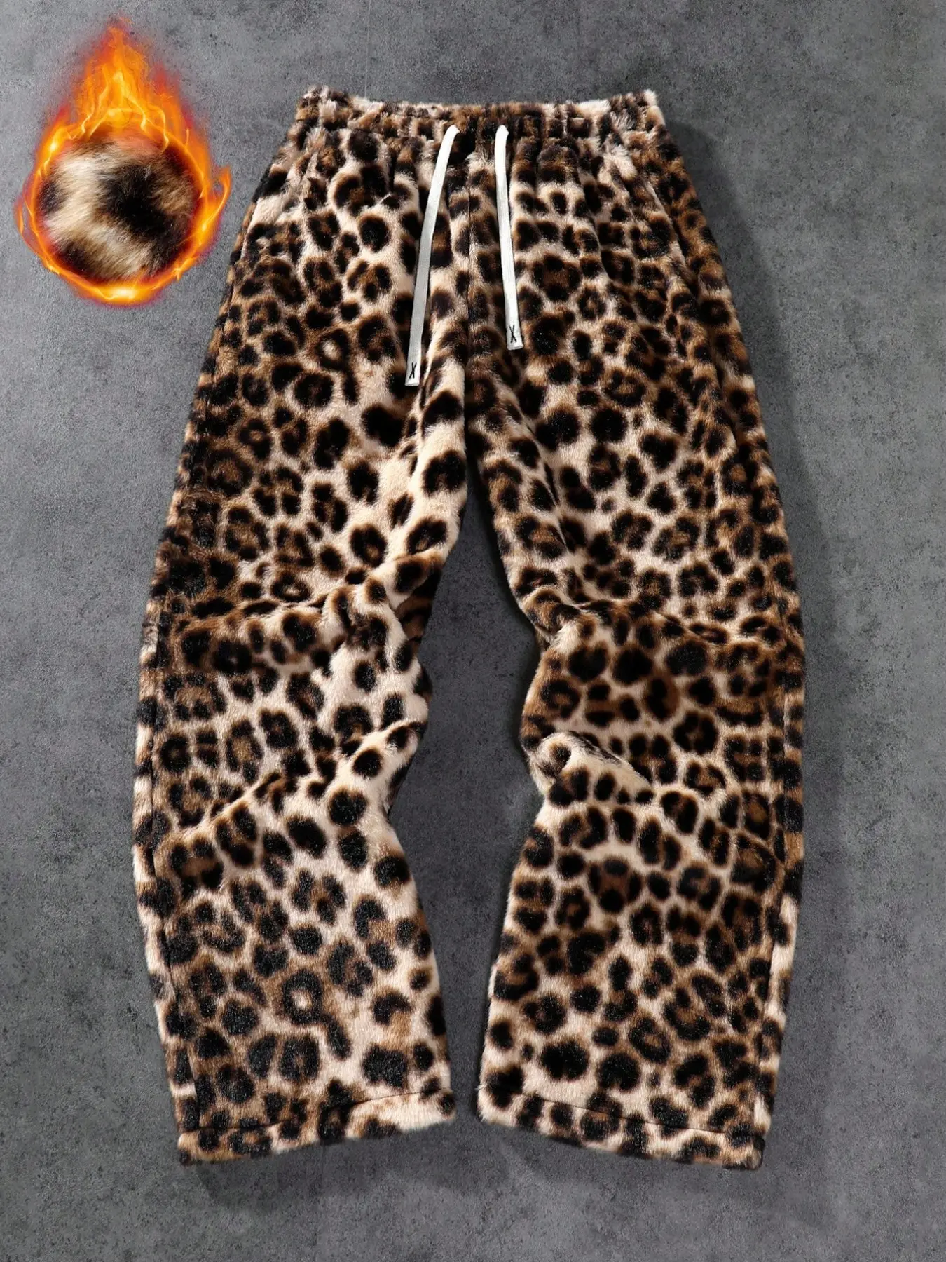 Men's Winter Thick Fuzzy Long Pants, Classic Leopard Print, Soft Fake Fur Fabric, Adjustable Drawstring Waist, Loose Fit Streetwear