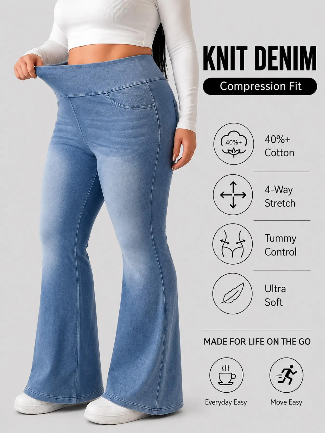 Plus Size High Waist High Waisted Denim Stretch Micro Flare Casual Pants, Belly Control Butt Lift Light Blue Wash Four Way Elastic Jean Fitted Stretch Jeans