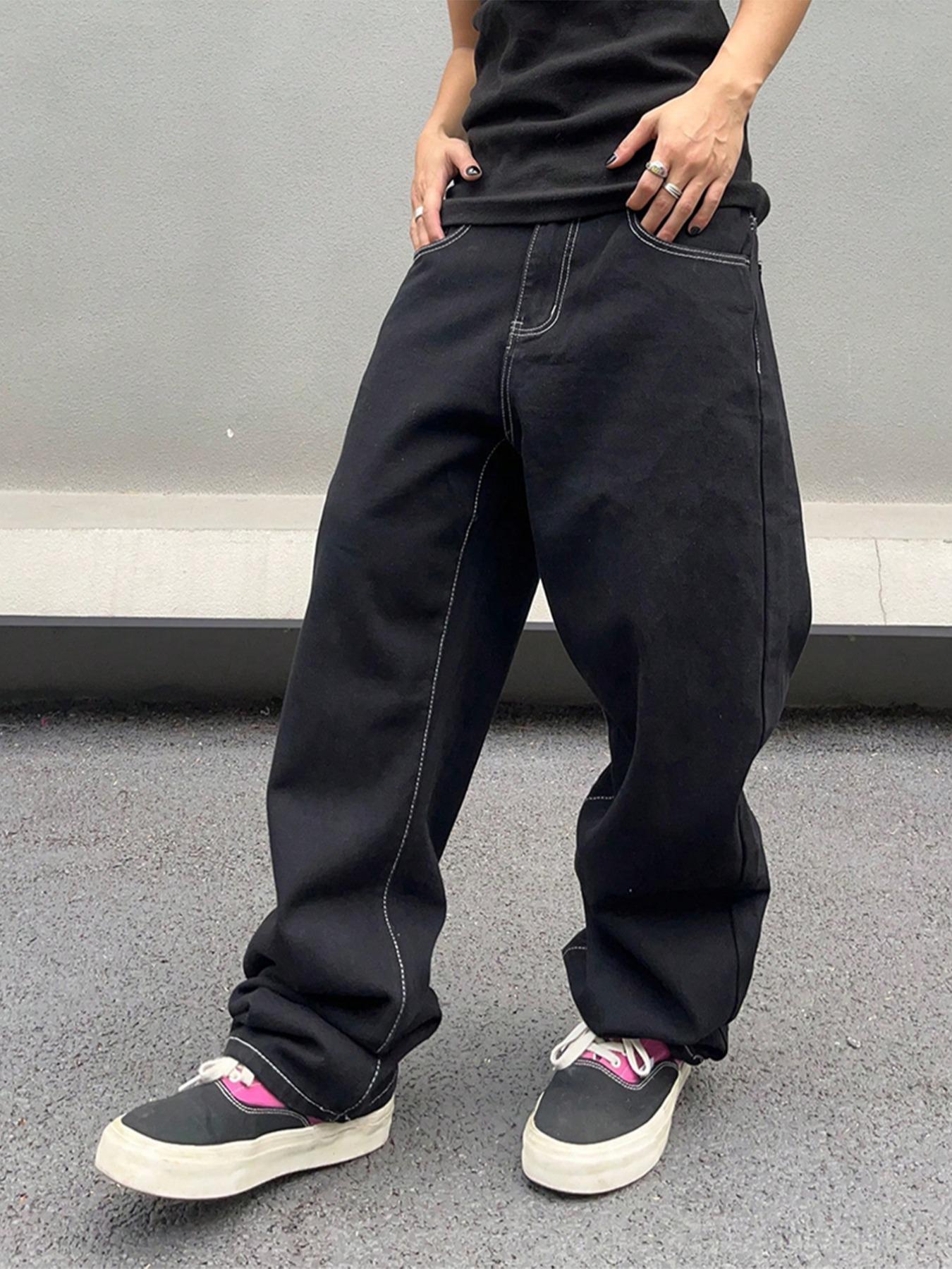 Men's Solid Color Wide Leg Multi Pocket Jeans, Loose Casual Comfy for Daily Wear, Woven Bottoms for All Seasons