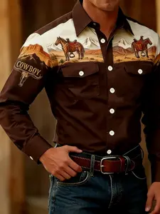Men's Western Cowboy Patchwork Print Shirt, Vintage Workwear Pocket Long Sleeve Top, Casual High Street Style, All Seasons