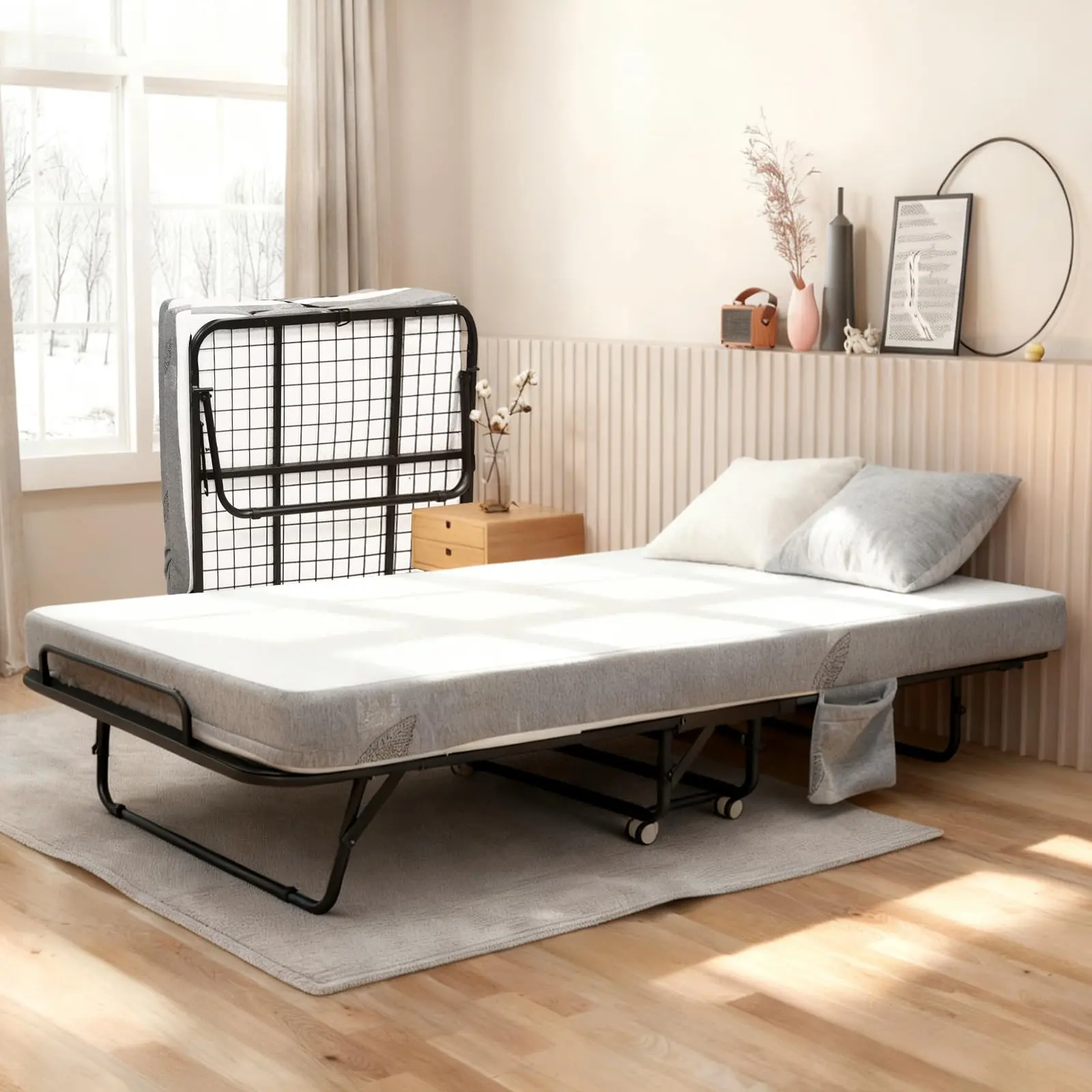 Folding Bed with 6" Memory Foam Mattress – Rollaway Bed for Adults, Portable Foldable Guest Bed with Sturdy Steel Frame & Wheels for Apartment, RV, Dorm & Overnight Visitors