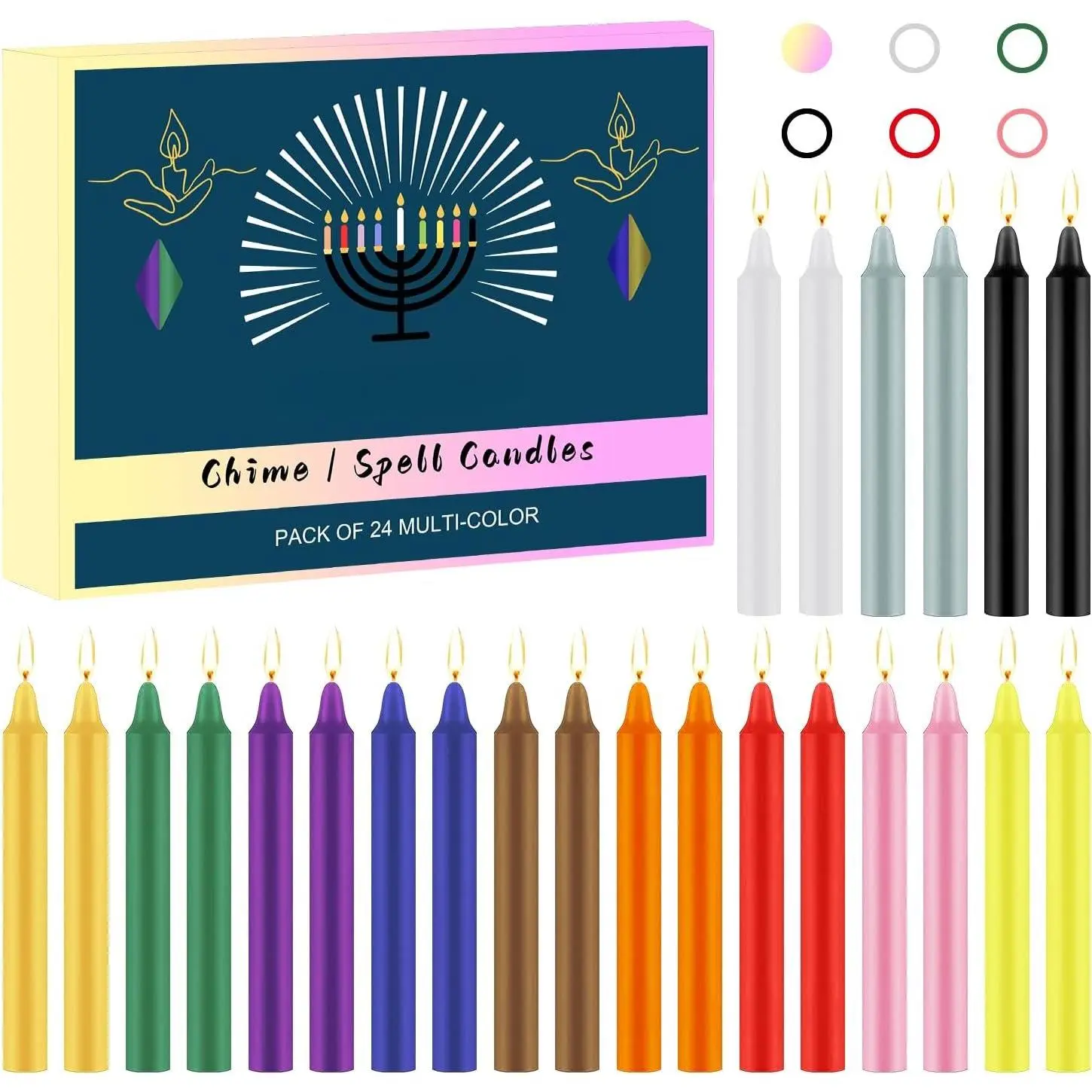 24 Pack  Color Spell Chime Candles, 4" Mini Taper Candles | Unscented dripless wax for  supplies,  , spell casting, chakra meditation, and   decor.