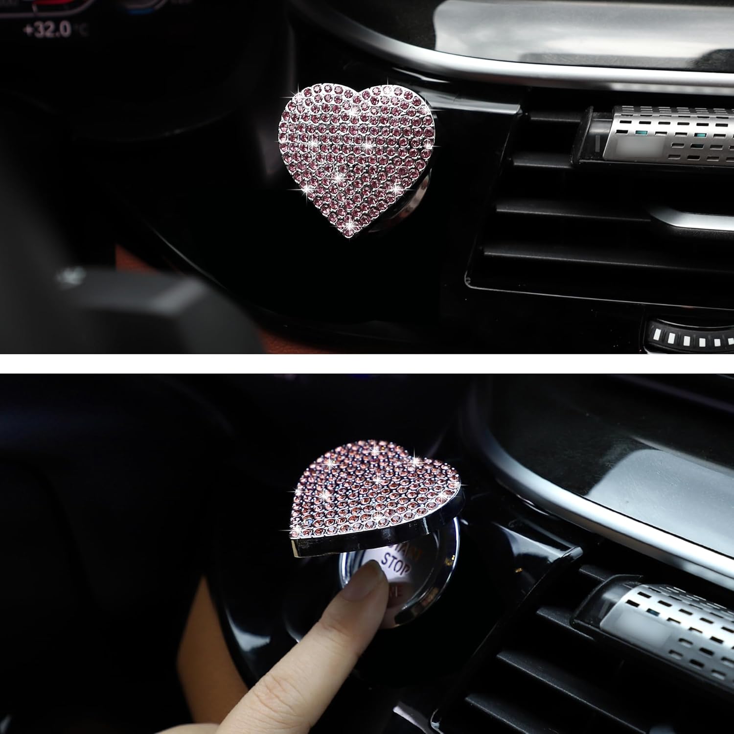 Bling Car Engine Start Button Cover Diamond Interior Crystal Push Start Button Ring Cap Sparkly Accessories Heart Bling Ignition Button Rhinestone Emblem Trim Universal for Car (Pink)