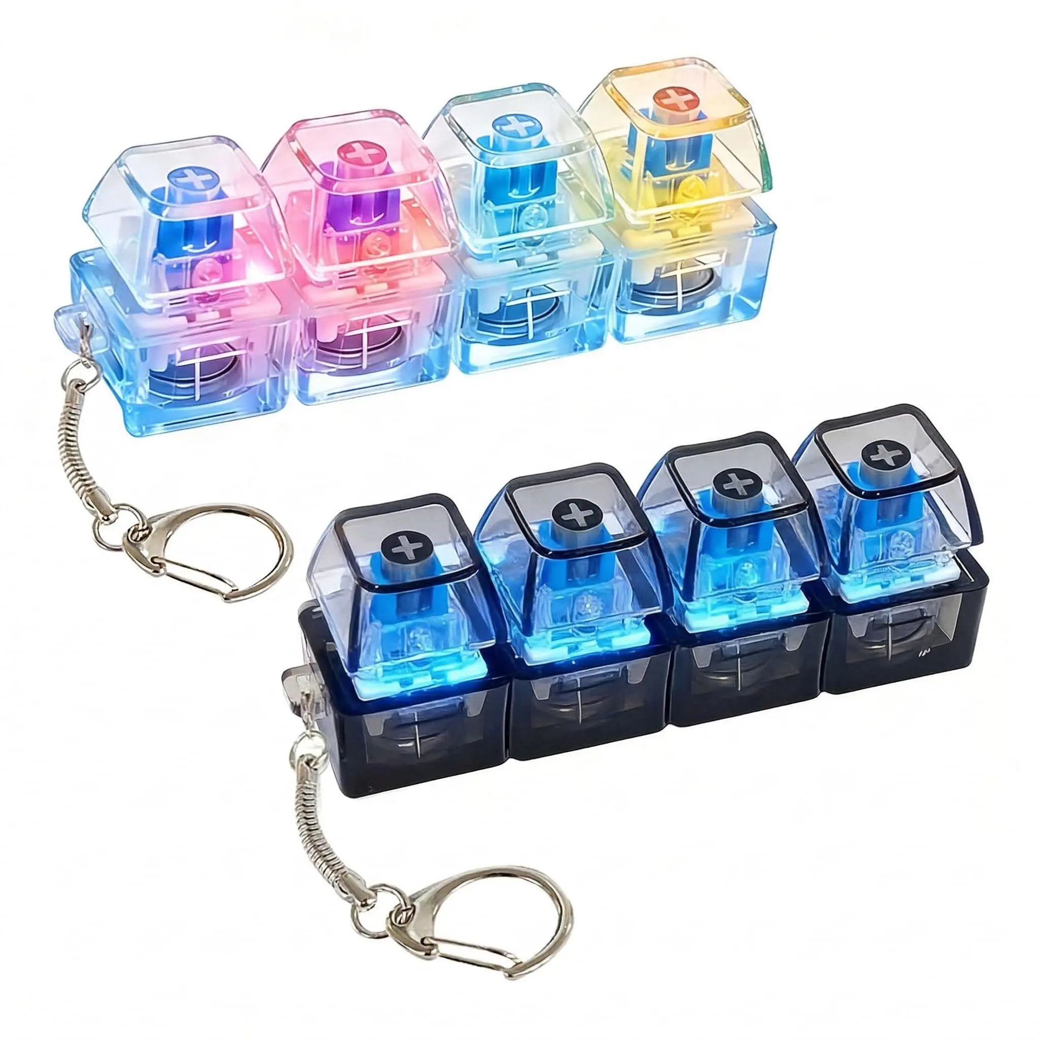 4-Key Button Clicker Keychain Fidget Gadget - LED Lights, Tactile & Auditory Feedback, Stress Relief, ABS Portable Motorcycle Accessory, Sensory Focus Tool, Gift for Adults (Black & White 2-Pack, Keychain Included)