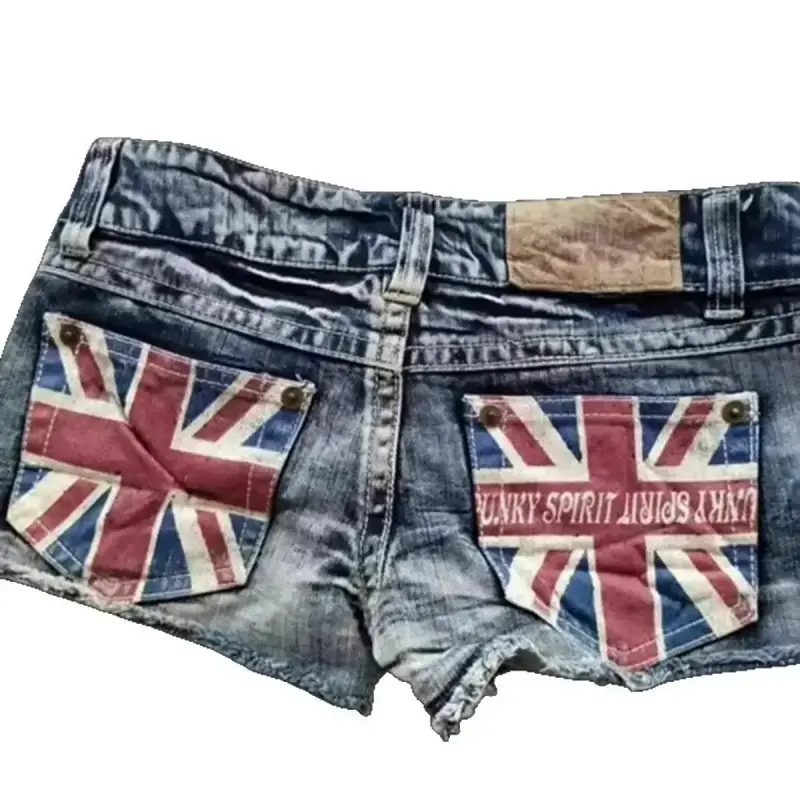 Women’s vintage washed denim shorts with national flag print, punk frayed hem, hot girl streetwear-unique personality short pants