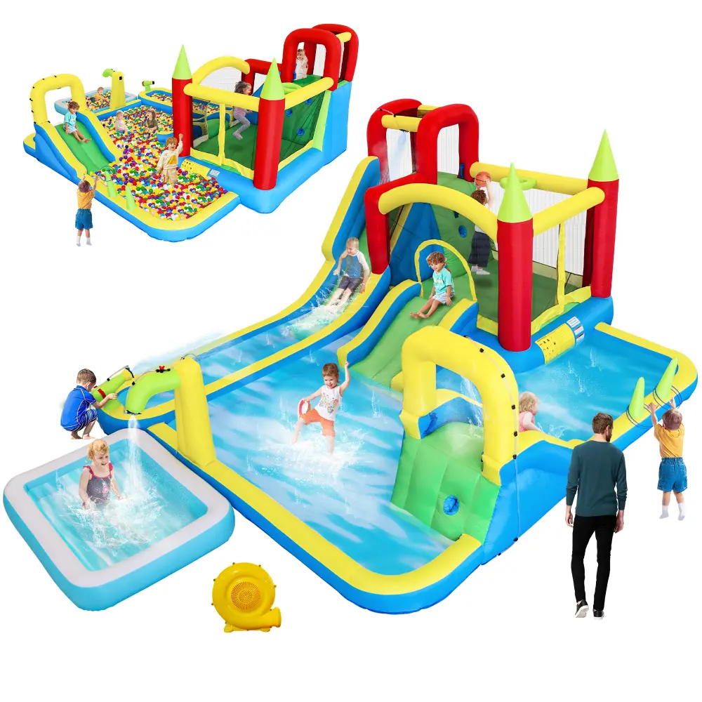 11-in-1 Inflatable Water Park Playset - Dry & Wet Slides, Large Pool, Water Gun, Trampoline, Climbing Wall, Basketball Hoop, Ring Toss Game, Kids' Bounce Castle for Backyard Parties