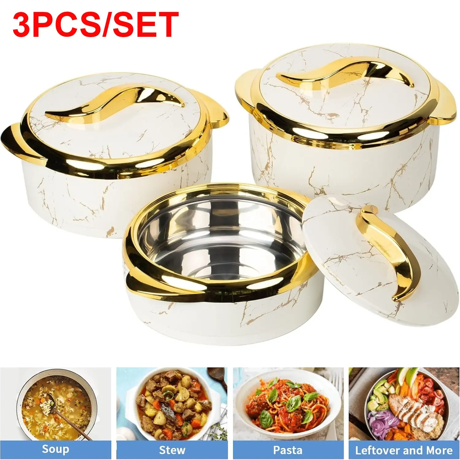3Pcs Touch Food Warmer, Thermal Casserole Dish Set with Lids, Insulated Stainless Steel Container for Hot & Cold Food, Serving Bowl for Buffets, Warmer Set