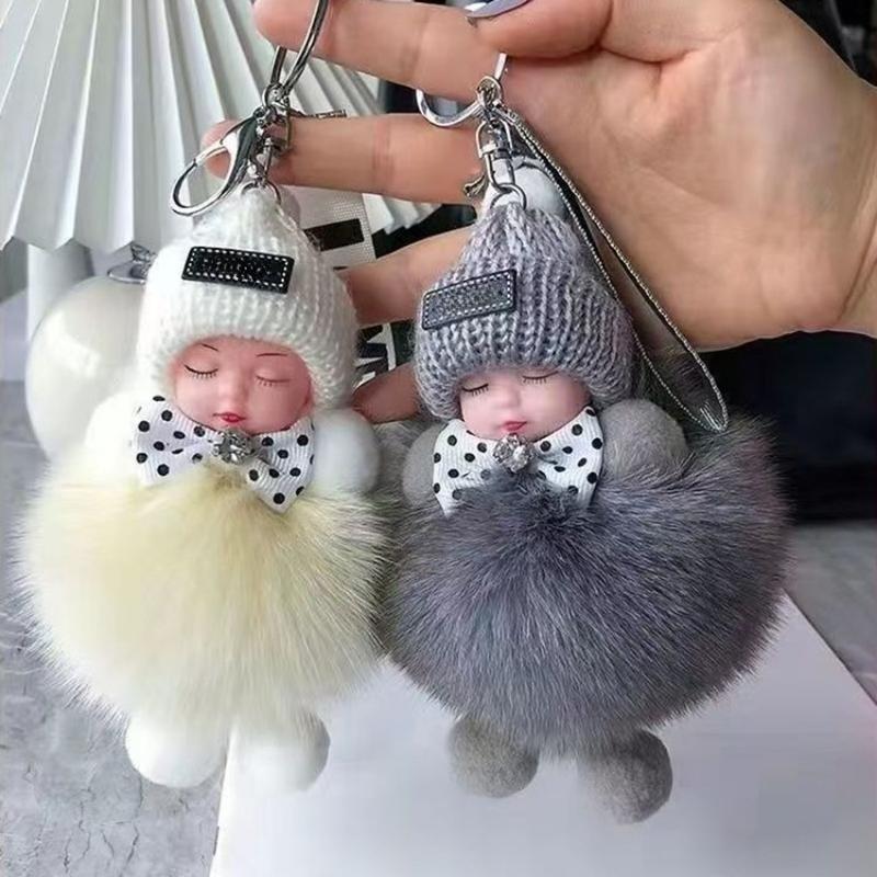 2-Pack Cute Fluffy Plush Sleepy Doll Keychain for Women, Kawaii Bag & Car Key Ring Pendant, Soft Lightweight Adorable Gift for Girls