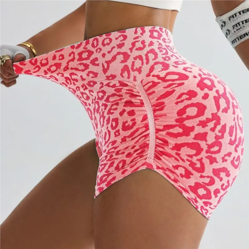 Women's Workout Shorts, Seamless Leopard Print with High Waist and 3 Inch Inseam, Tight Hip Hugging Fit for Yoga and Running, 3" Short Length, Seamless Fabric, Workout Wear, Cinched Fitted Shorts, Elastic Sporty Shorts