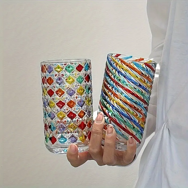 Hand-Painted Glass Cup Drinkware, Durable Glassware, Rainbow Light Refraction, Vintage Style, Geometric & Spiral Patterns, Ideal for Juicing and Drinking, Perfect Gift