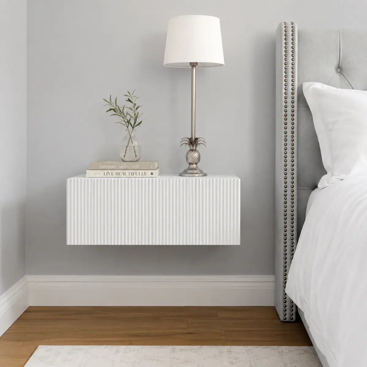 Modern Hand-Crafted Fluted Ribs Floating Vanity Table - Minimalist Wall-Mount Scratch-Proof Makeup Cabinet with Shelves for Bedroom, Dressing Room Indoor Furniture