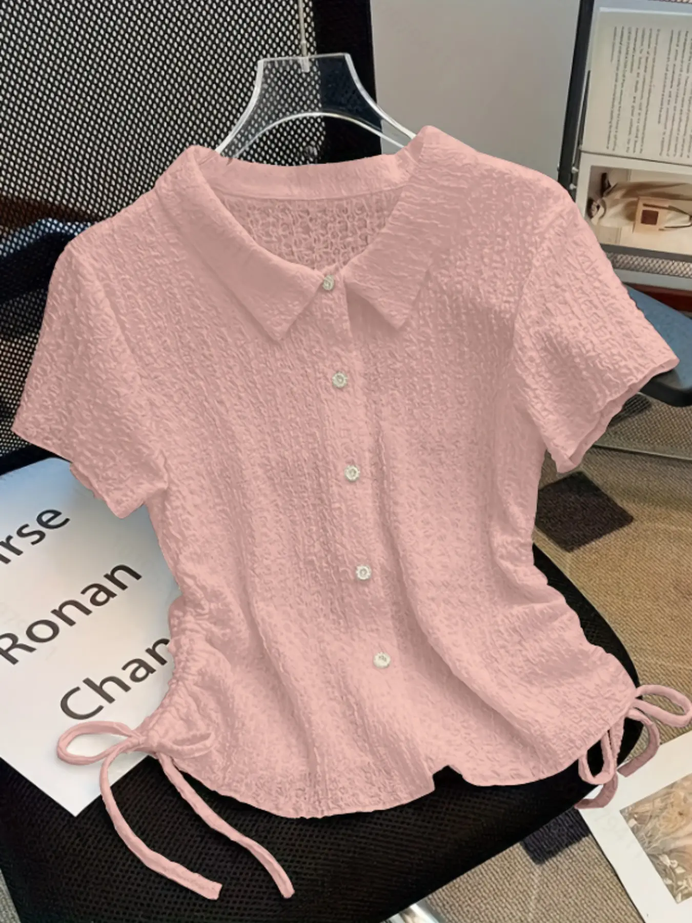 Fashion Knit Basic Casual Short Adjustable Elastic Drawstring Button Blouse Shirt, Comfortable and Stylish Top, Perfect for Daily Wear, Versatile and Trendy Clothing Option, Basic Casual Tops